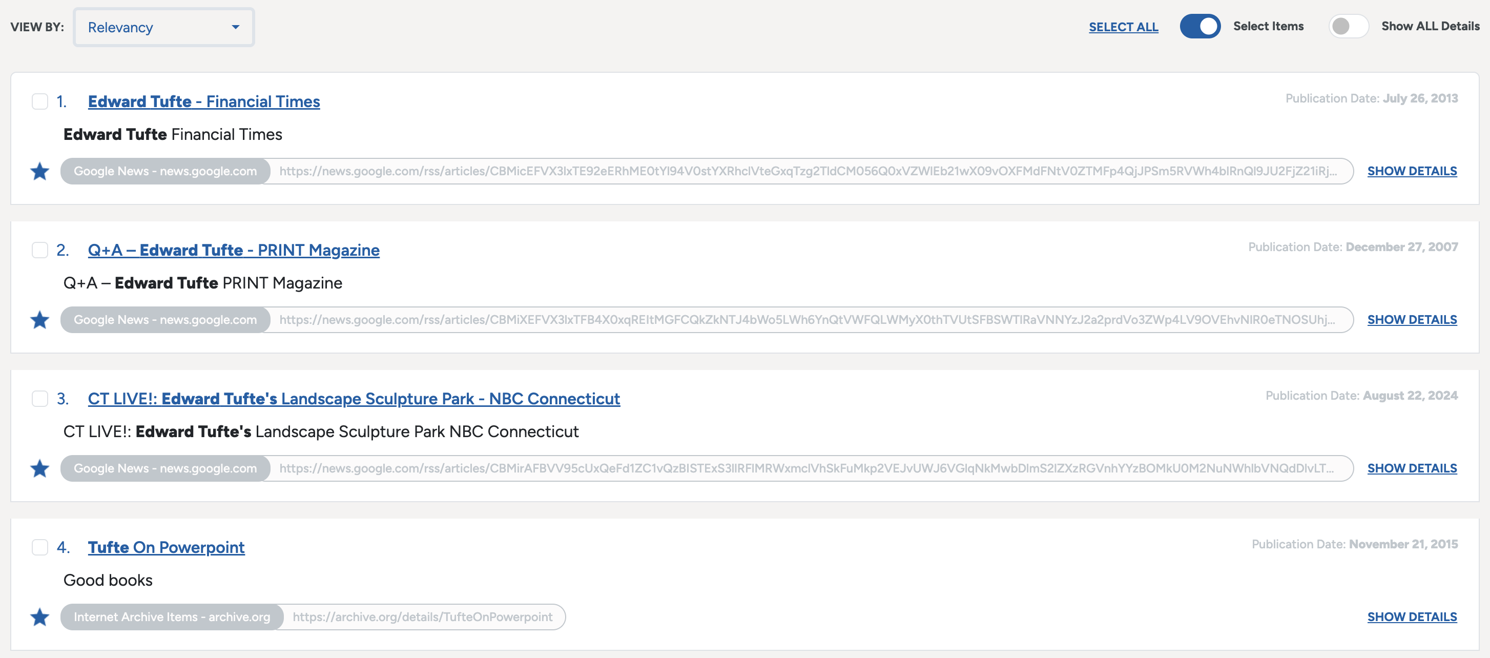 SWIRL AI Search result with select items enabled