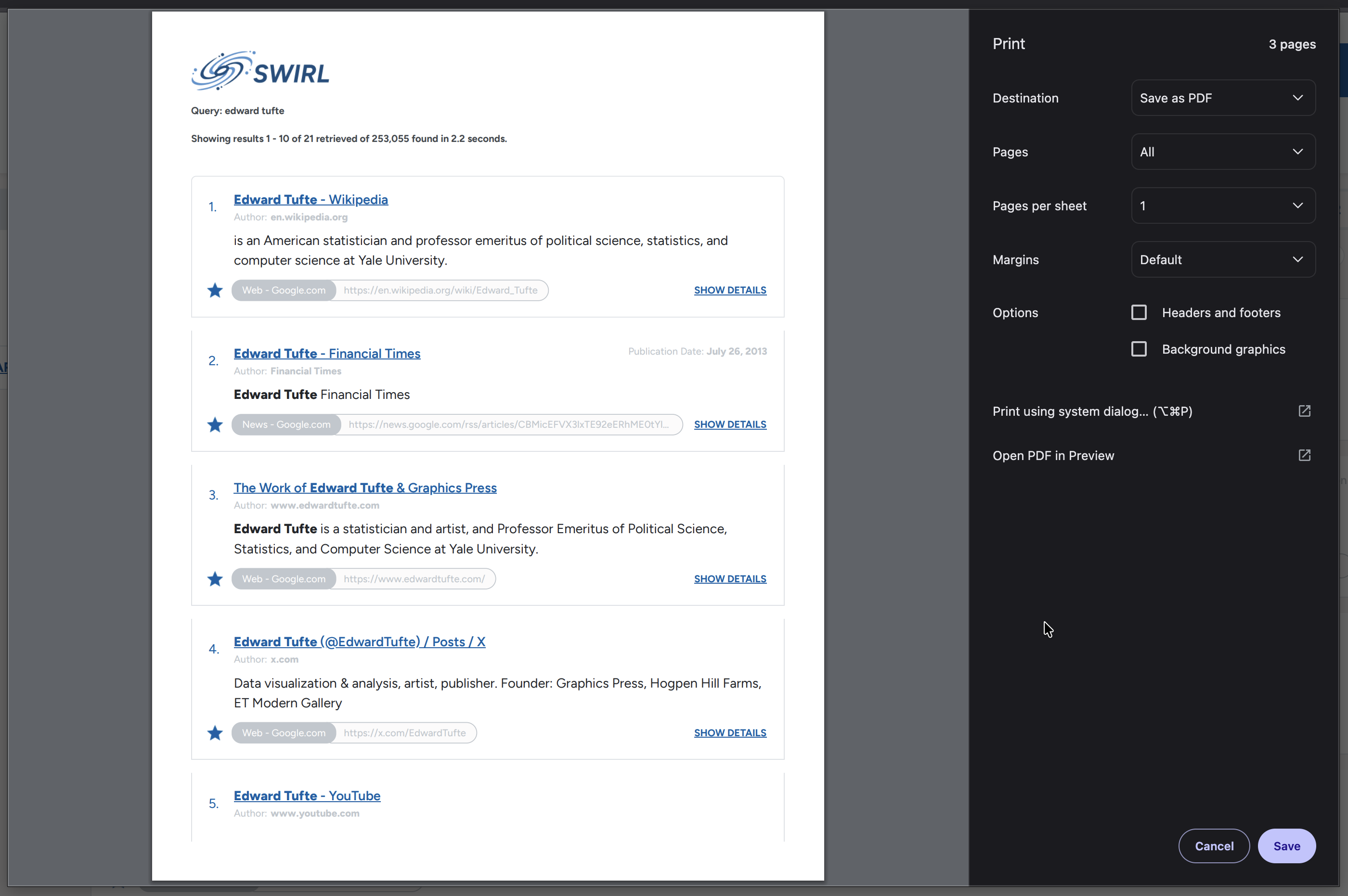 SWIRL Enterprise 4.4.1 Export as PDF output