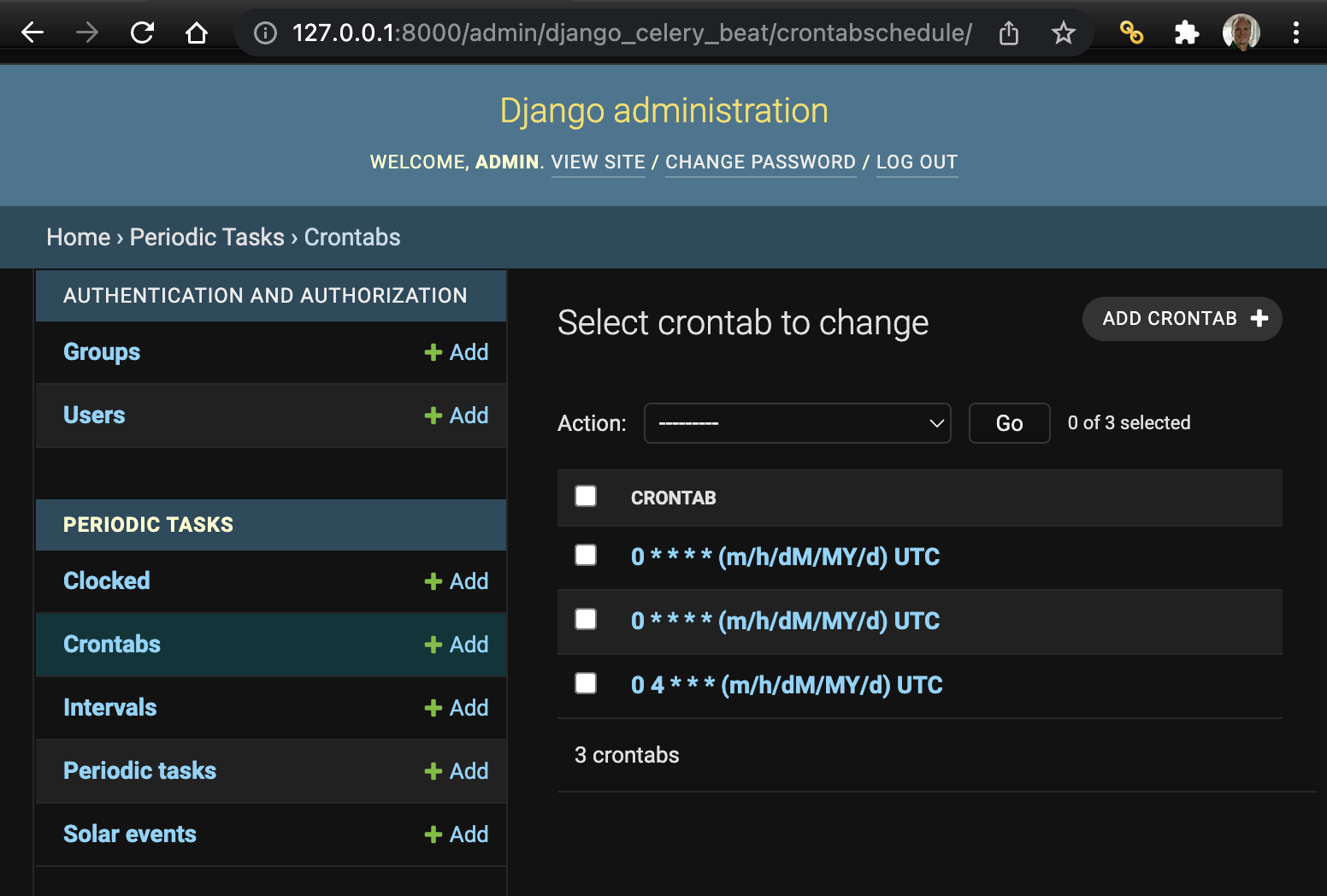 Django console crontab page