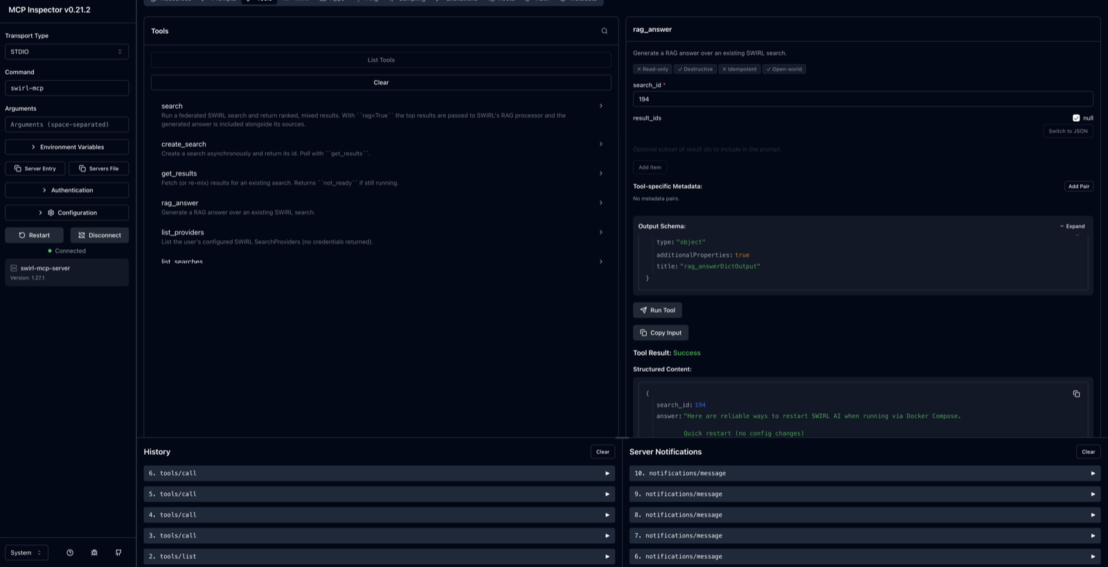 SWIRL MCP Server — rag_answer tool returning a federated search RAG answer in the MCP Inspector