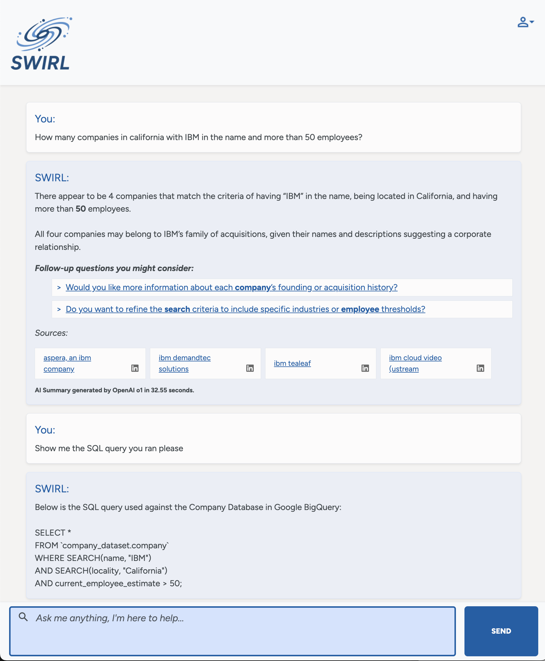 SWIRL Co-Pilot querying Google BigQuery using SQL