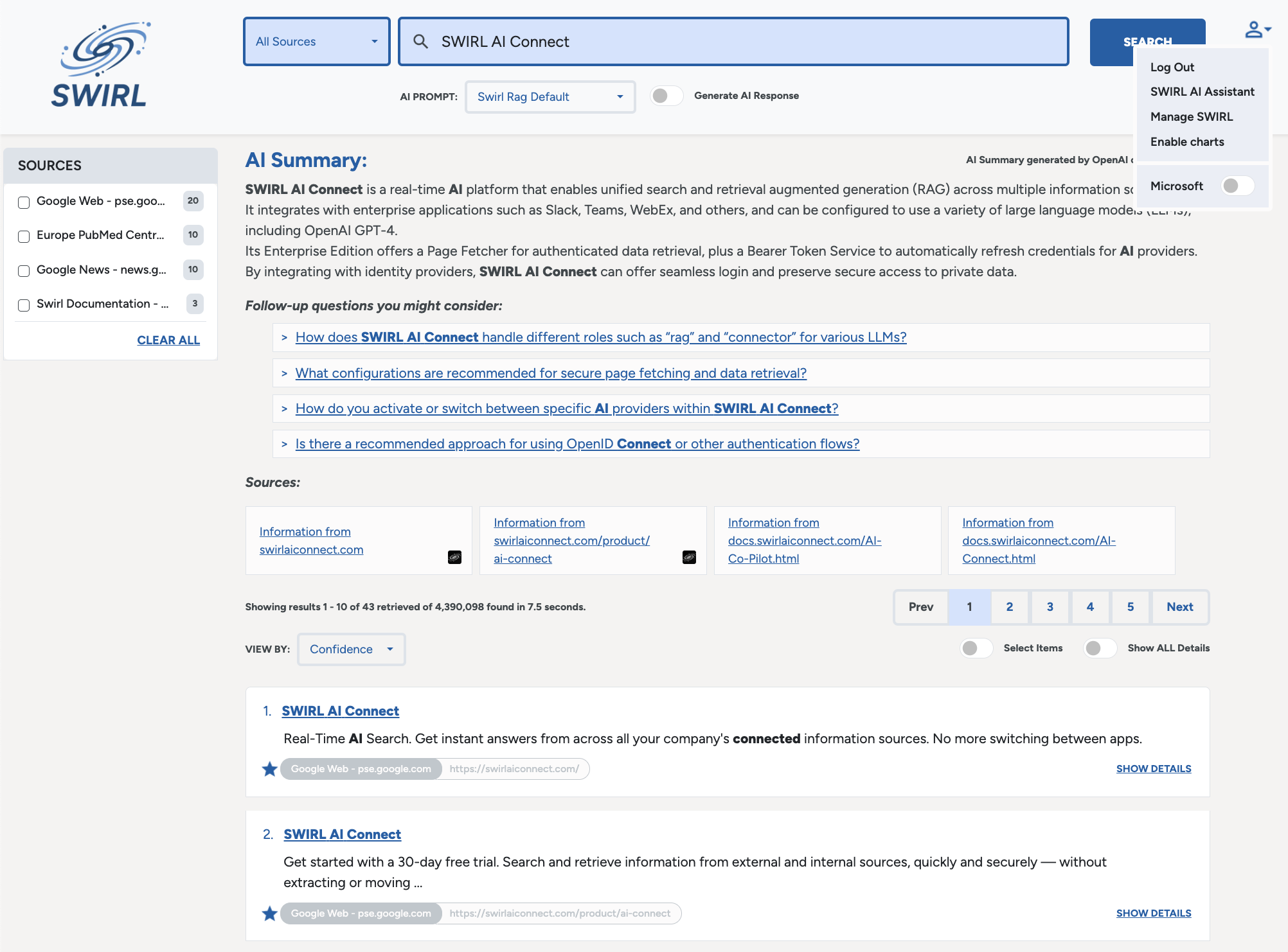 SWIRL AI Search with results and RAG