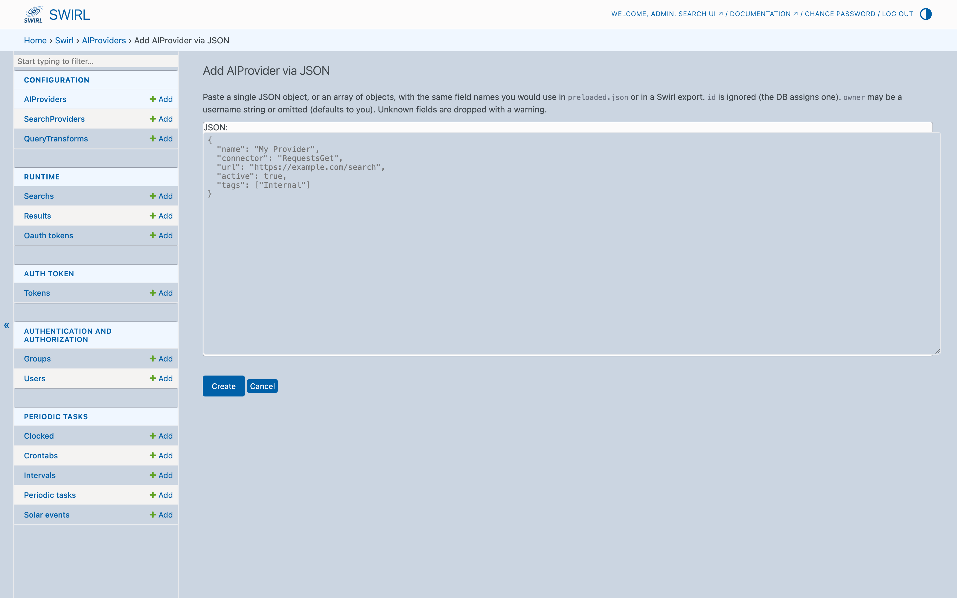 SWIRL admin Add AIProvider via JSON page