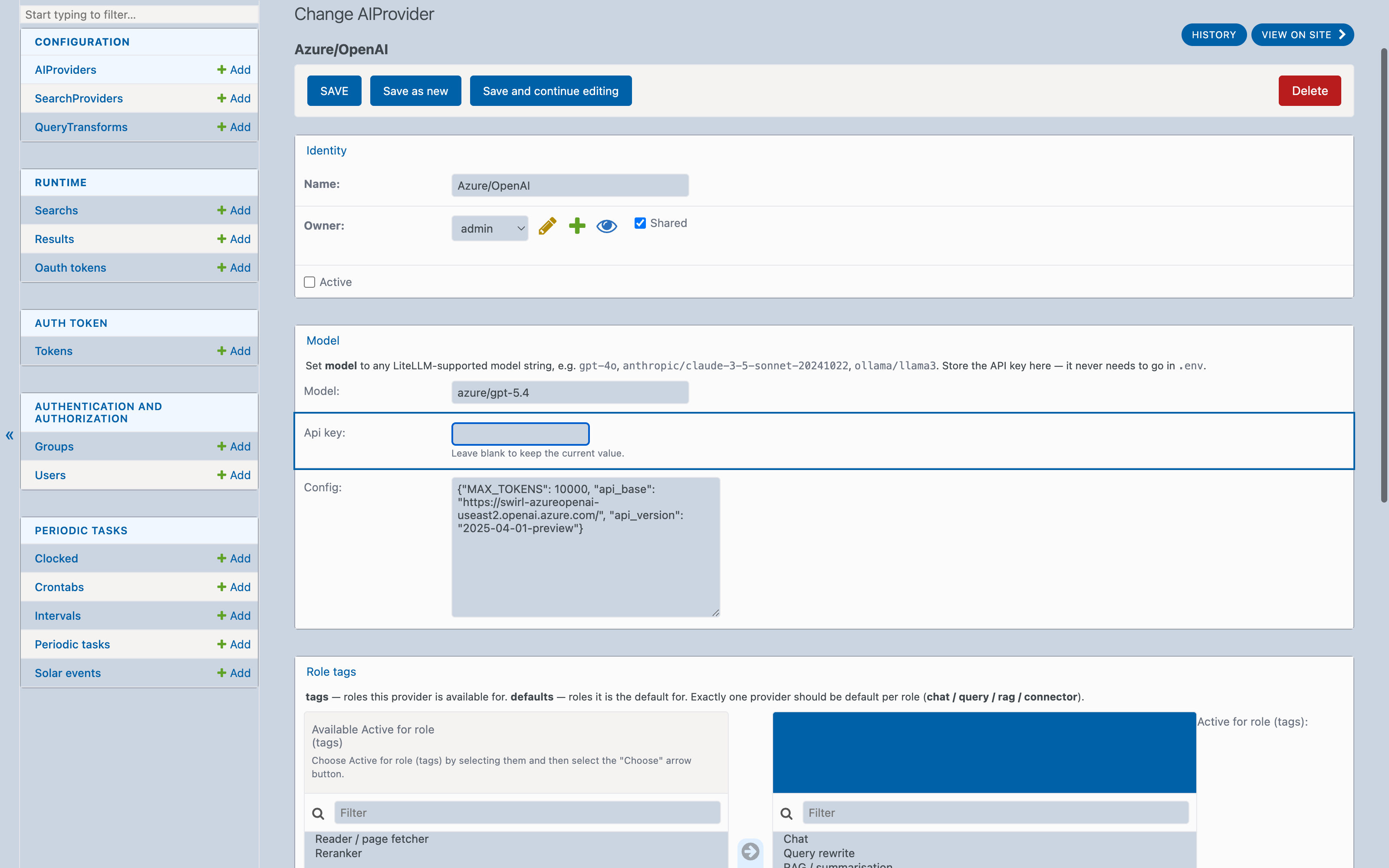 Close-up of the SWIRL AIProvider edit page with the API key field highlighted