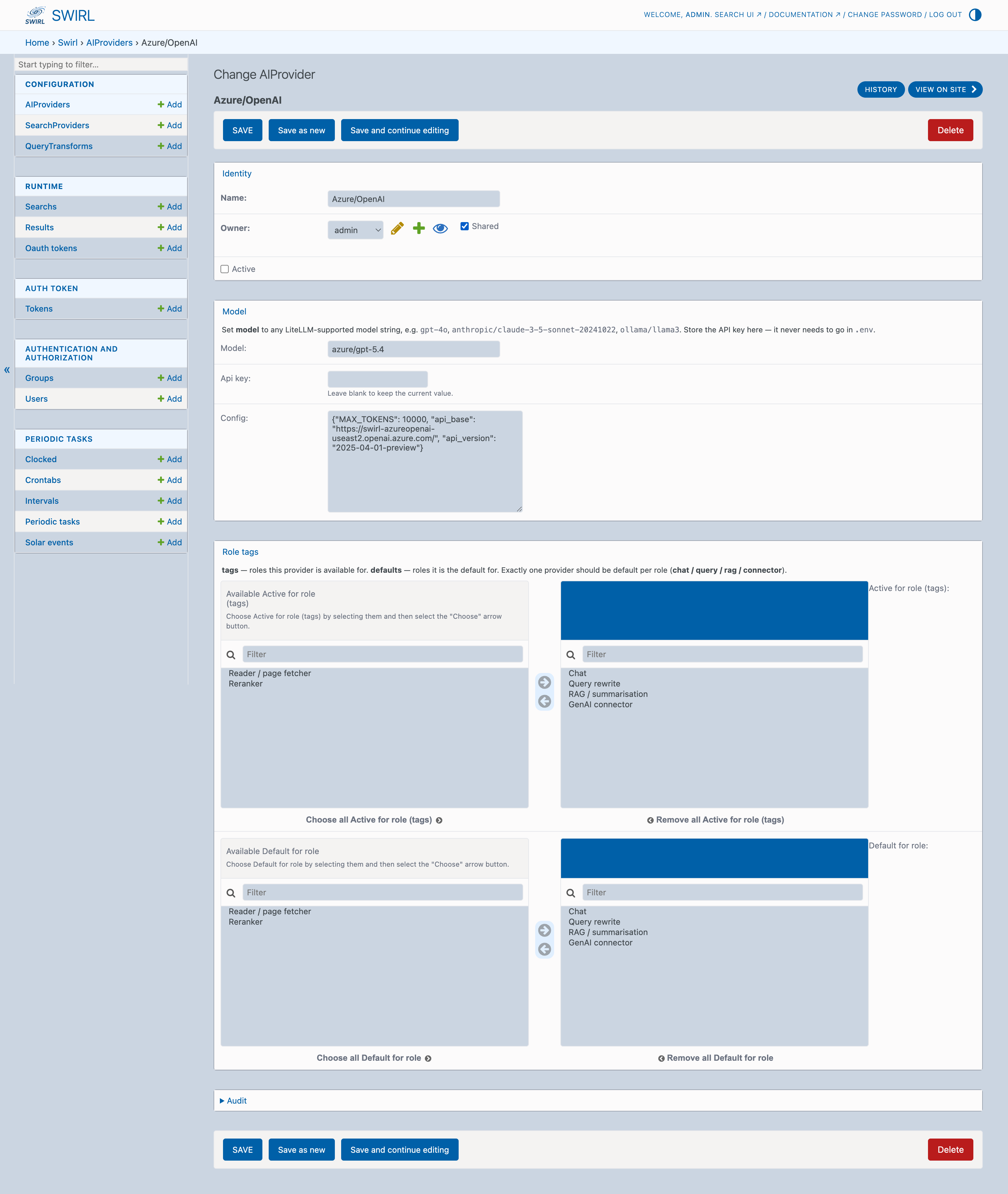 SWIRL Admin Console — AIProvider edit page with the API key, model, and role fields