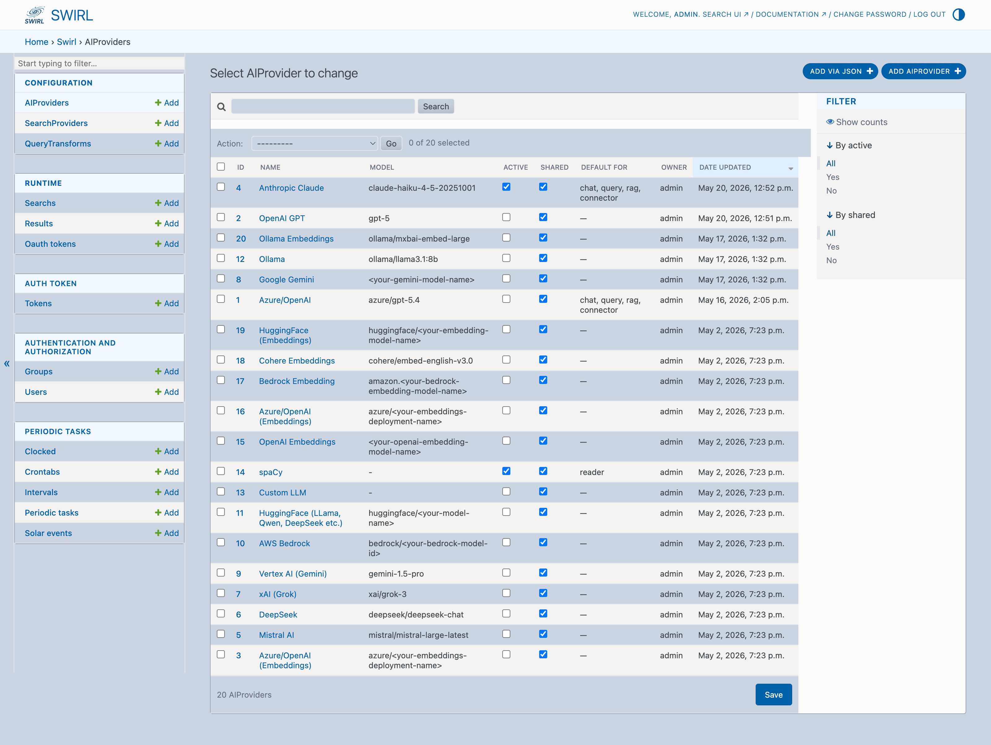 SWIRL Admin Console showing the AIProvider list with preloaded OpenAI and Azure/OpenAI records