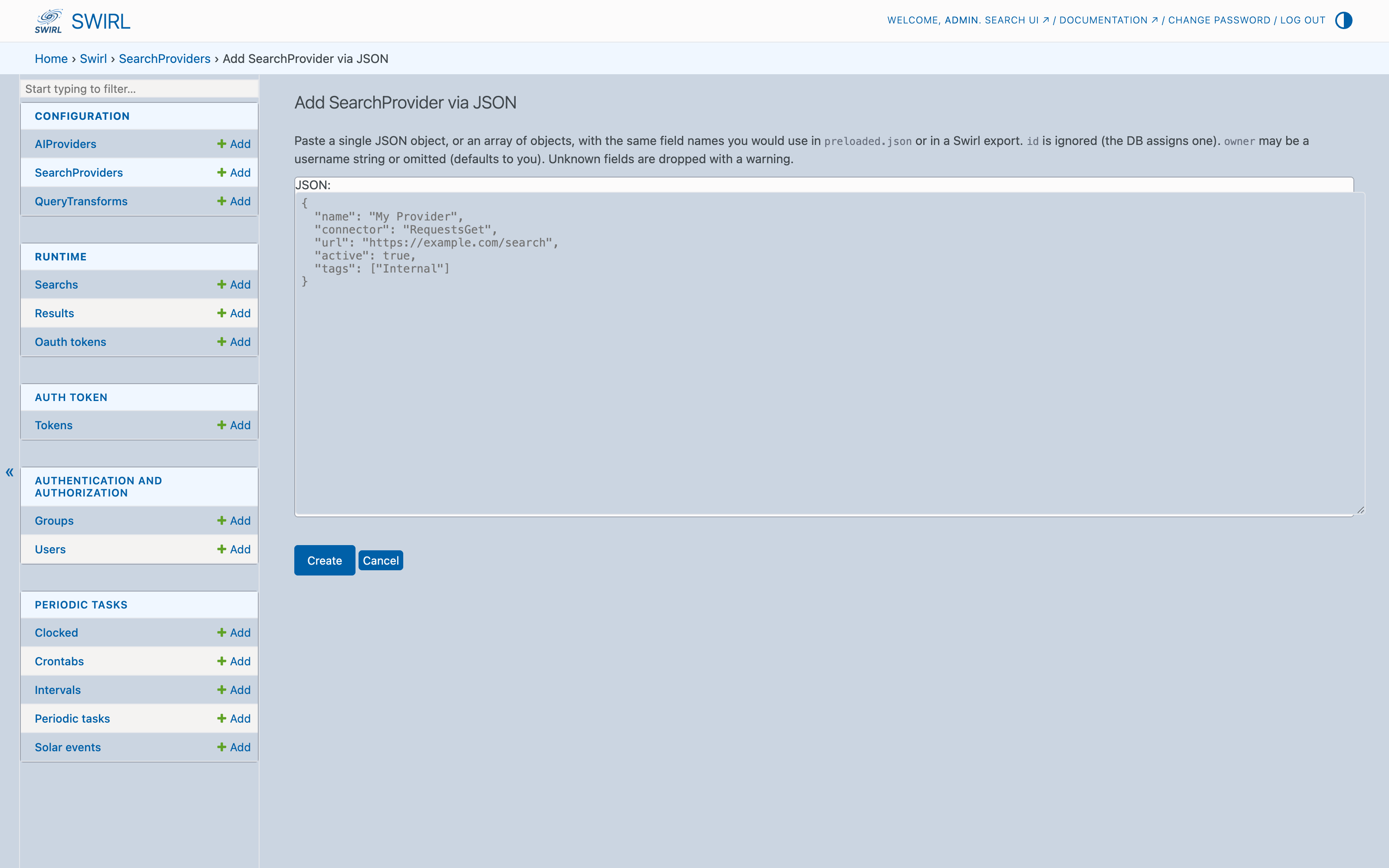 SWIRL admin Add SearchProvider via JSON page