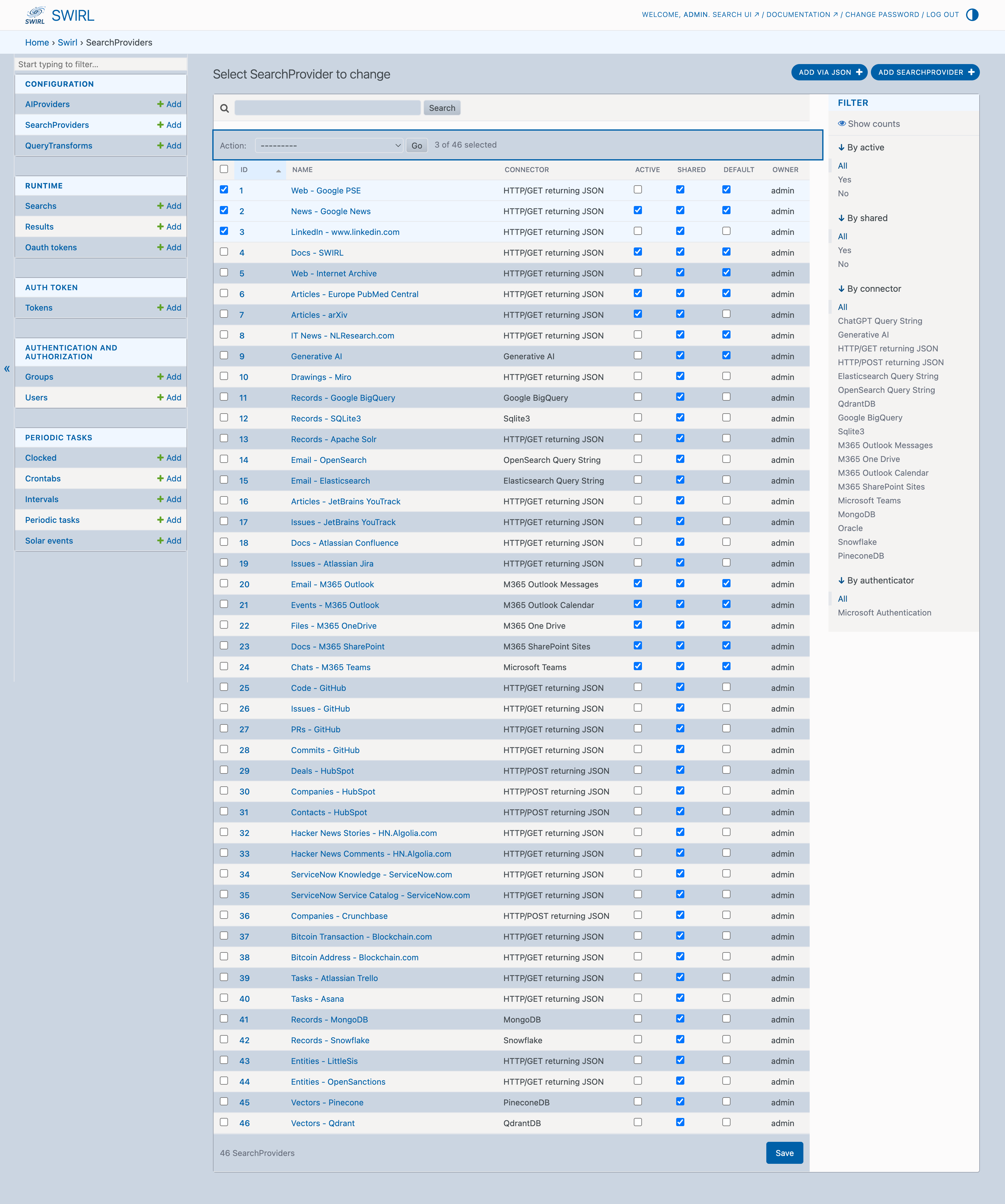 SWIRL SearchProviders admin list with three records selected and the bulk-action dropdown highlighted