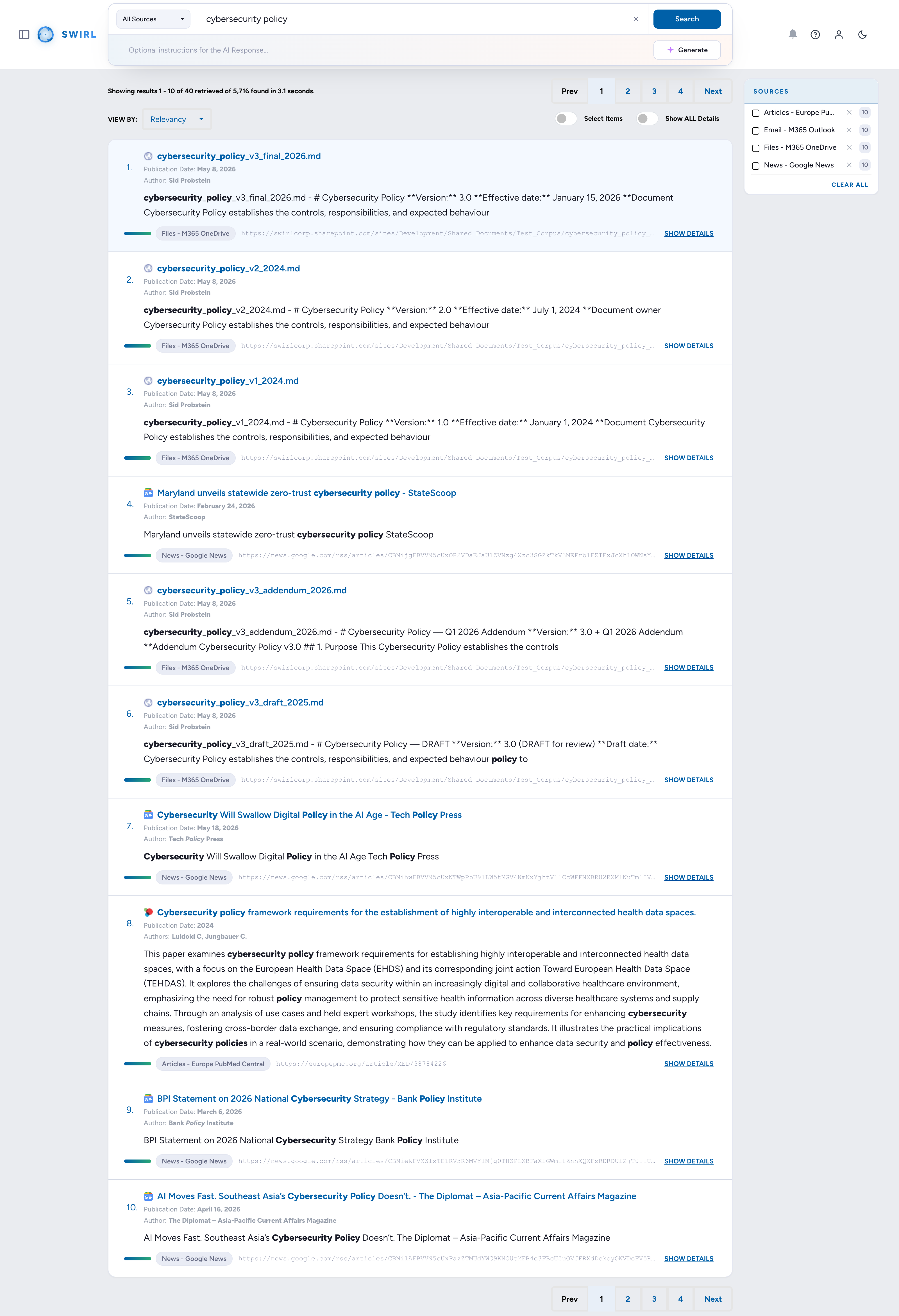 SWIRL Community 4.5 federated search results including Microsoft 365 sources (Outlook, SharePoint, OneDrive, Teams)