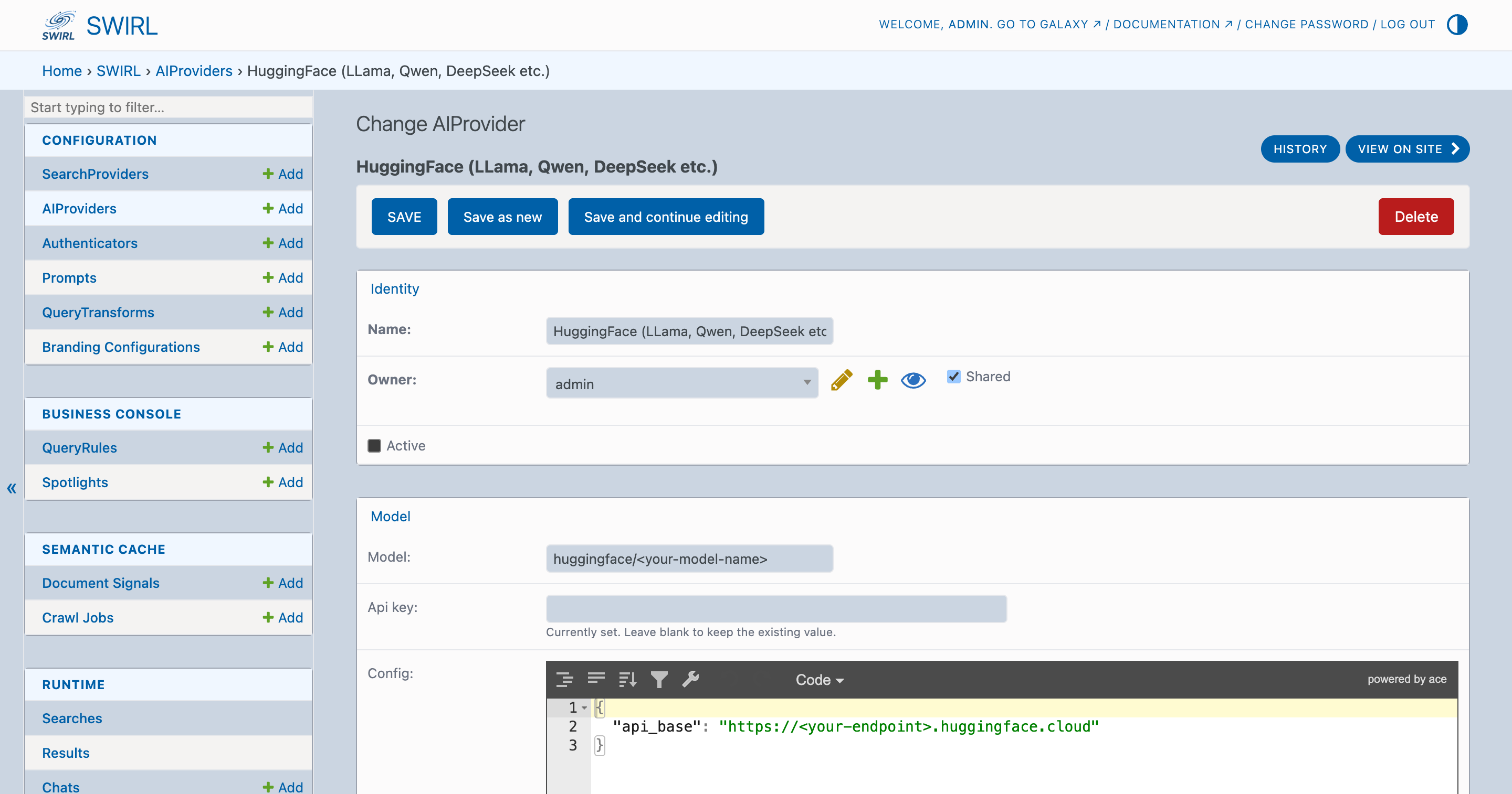 SWIRL Admin Console AIProvider edit form with the api_key field