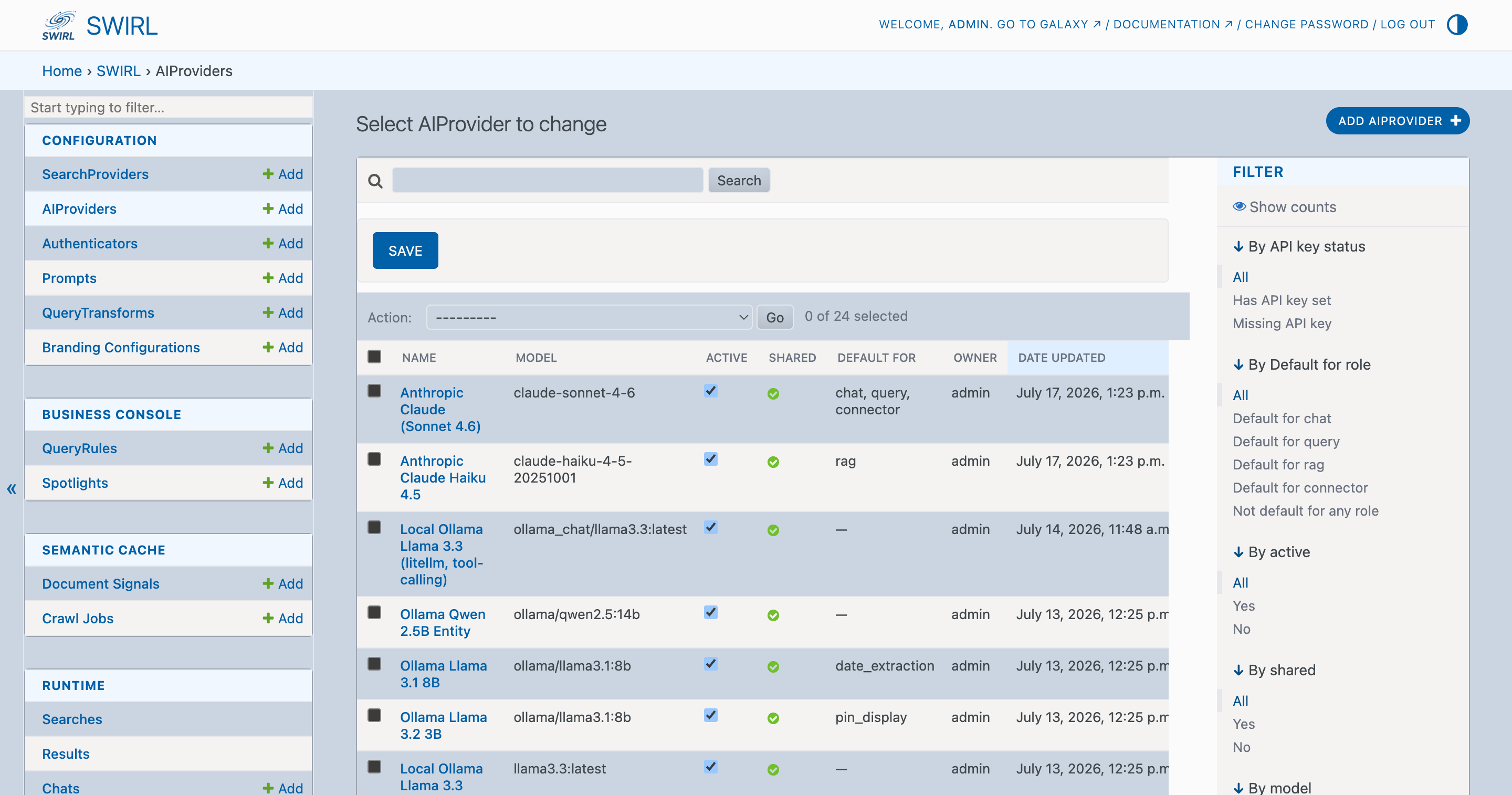 SWIRL Admin Console showing the AIProvider list