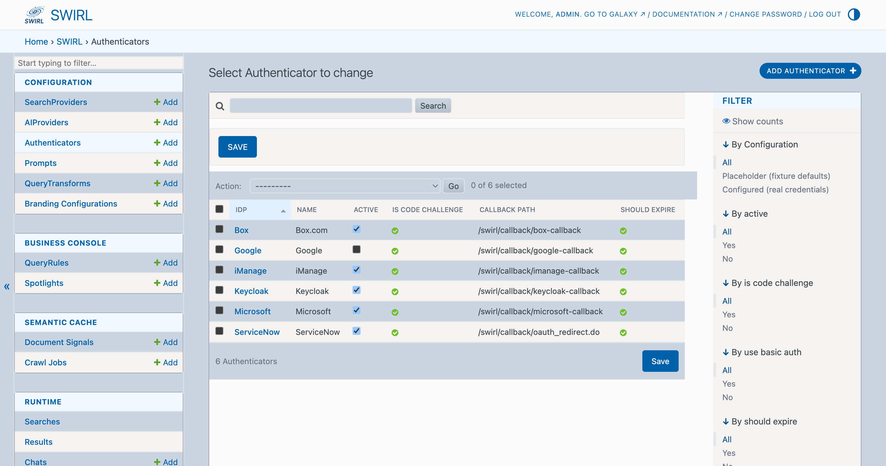 SWIRL Admin Console Authenticators link