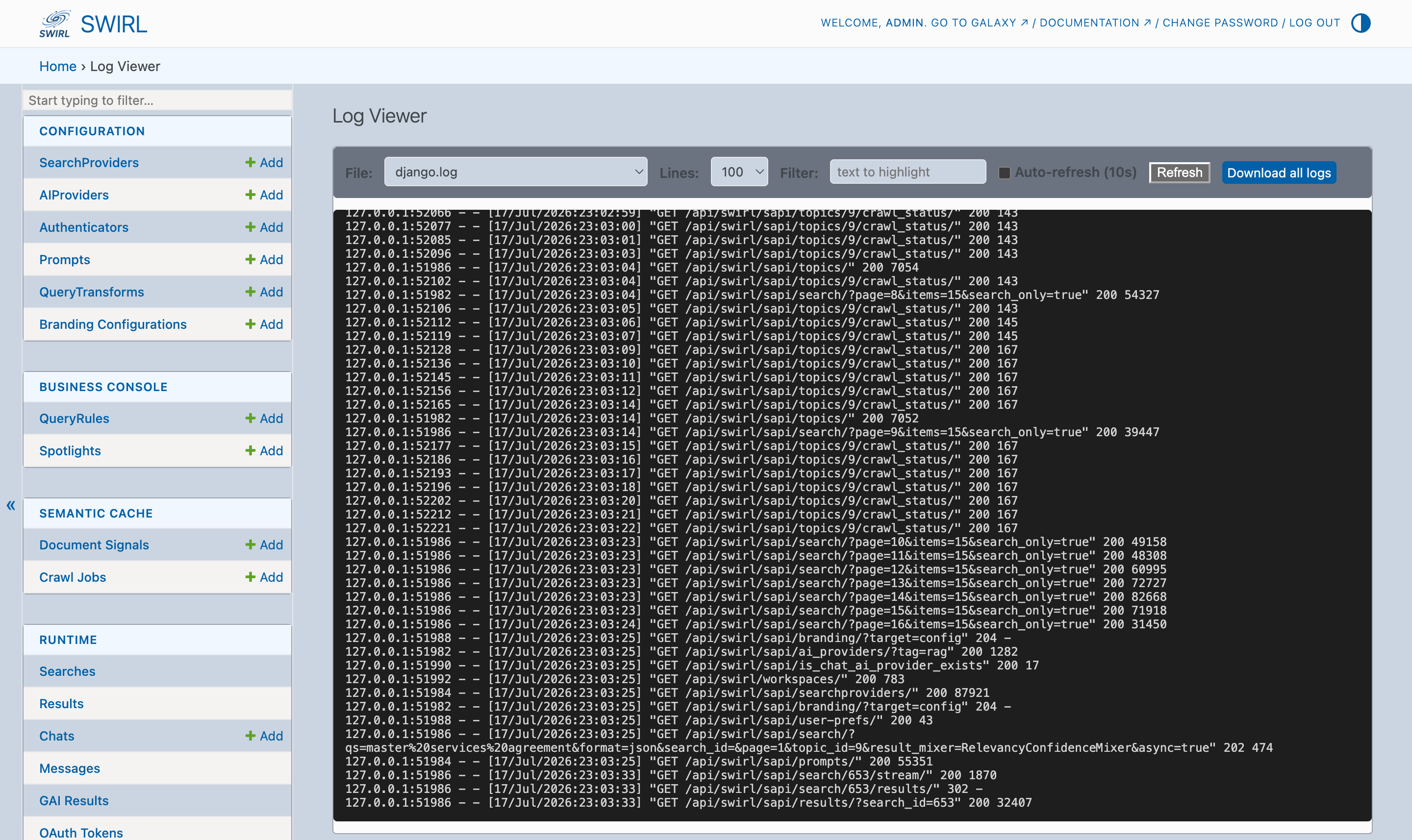 The SWIRL 5 Log Viewer: file selector, line count, filter, auto-refresh, and download