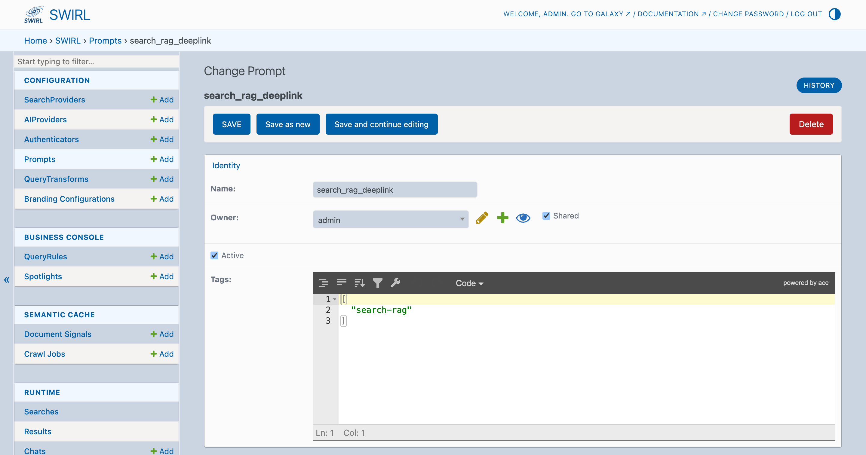 SWIRL Admin Console showing prompt edit with save selected