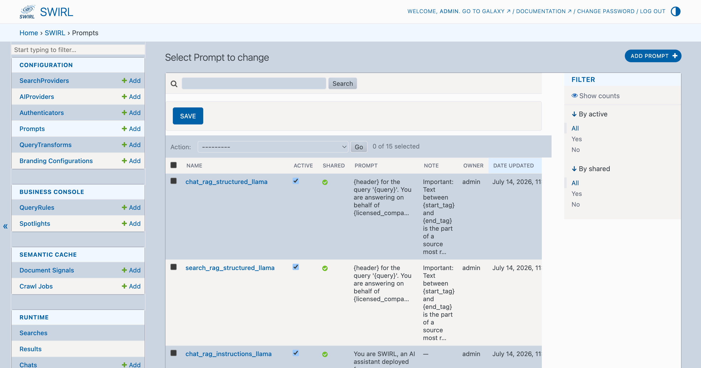 SWIRL Admin Console showing list of prompts