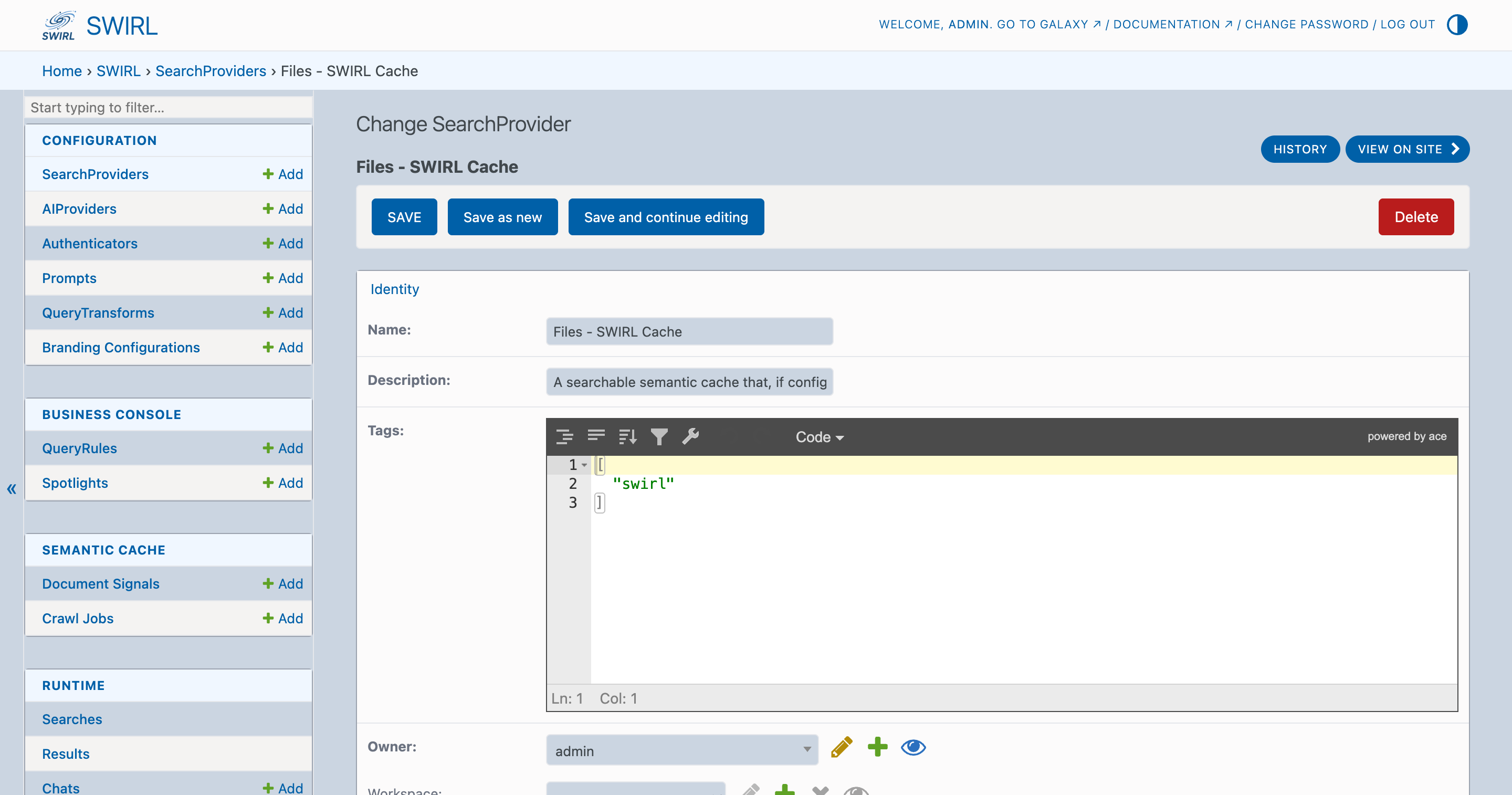 SWIRL Admin Console showing SearchProvider editing