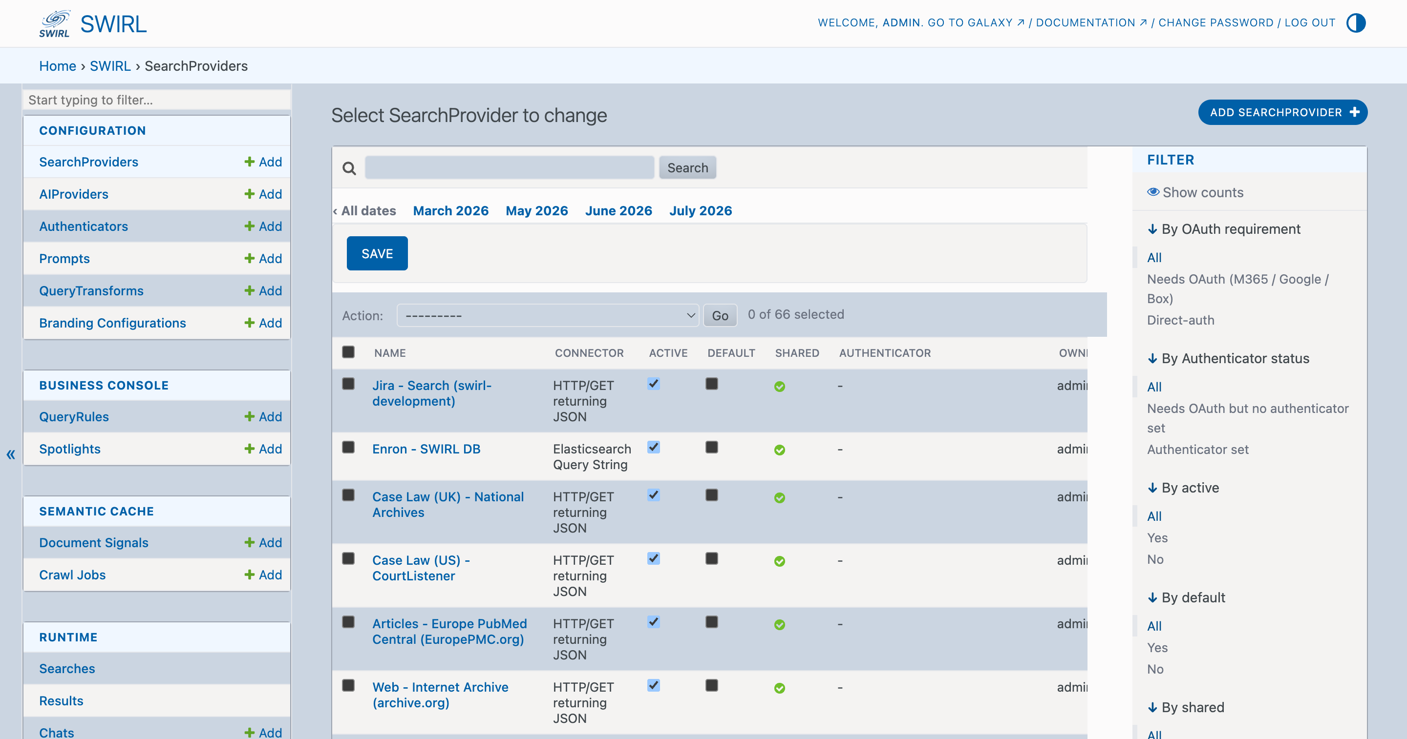 SWIRL Admin Console showing SearchProvider list