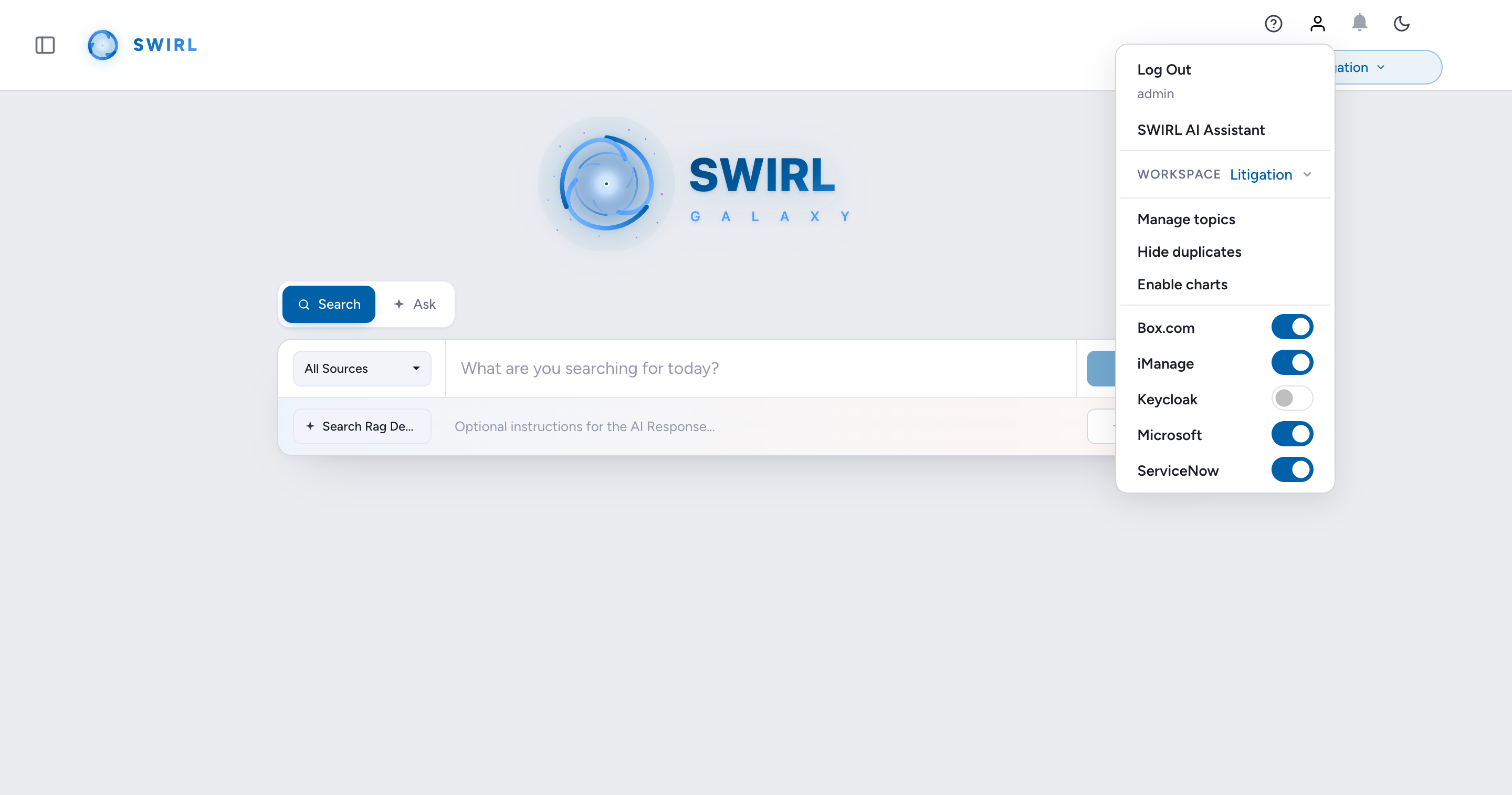 The profile menu with the SWIRL AI Assistant link and per-source connection toggles