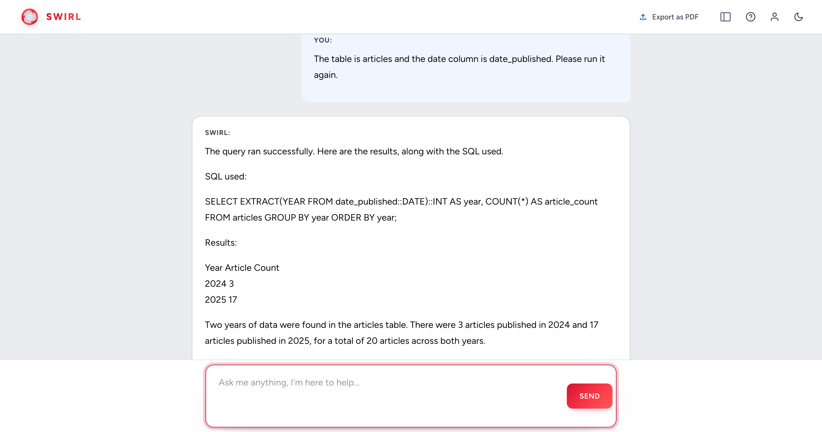 SWIRL Assistant querying a PostgreSQL source using SQL and returning yearly counts