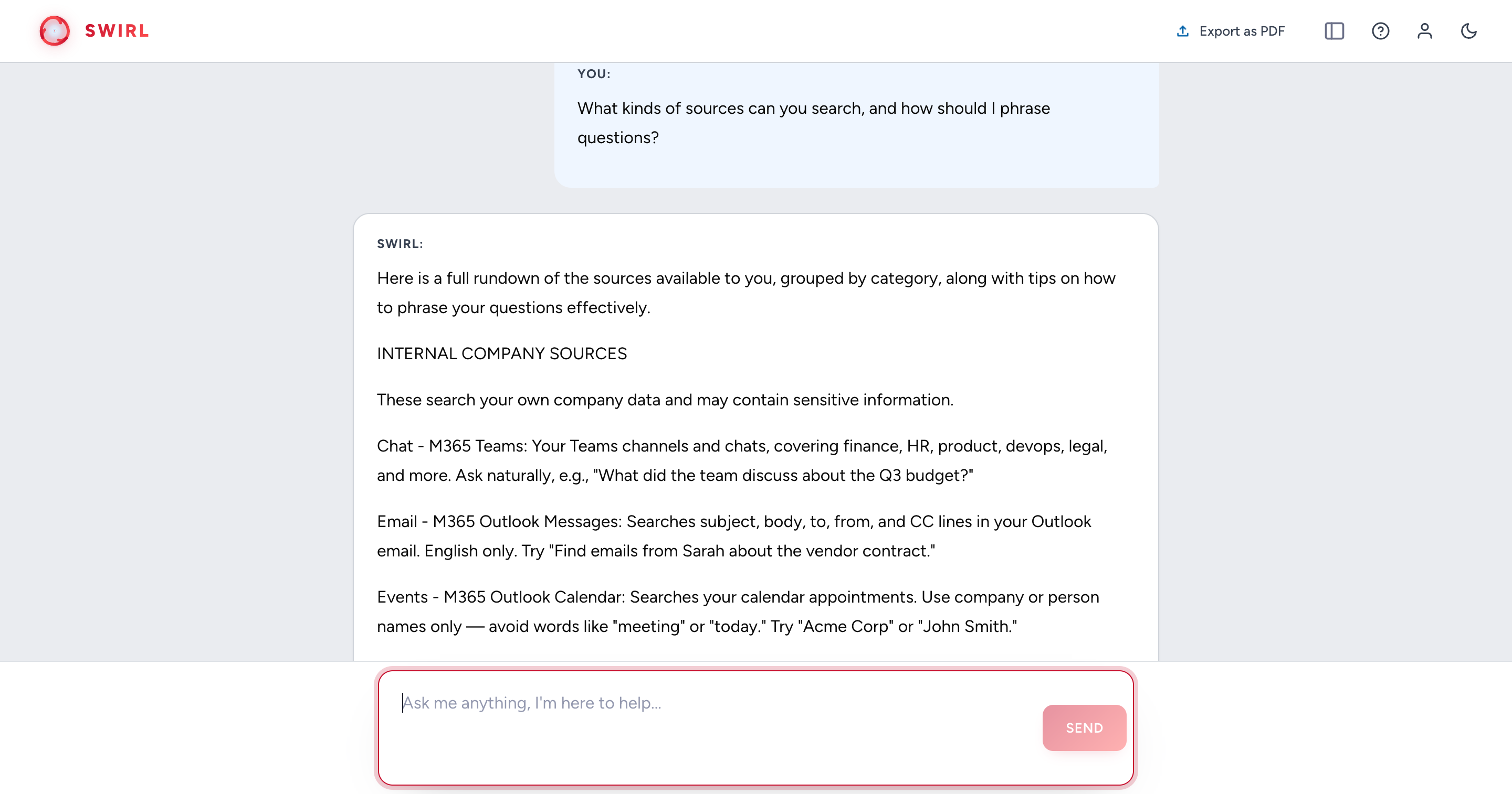 A SWIRL Assistant discussion: available sources and how to phrase questions