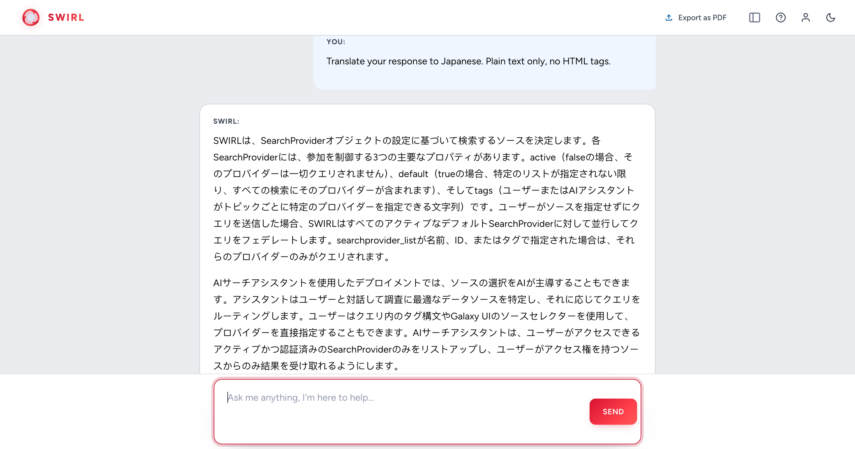 Asking the Assistant to translate an English response to Japanese