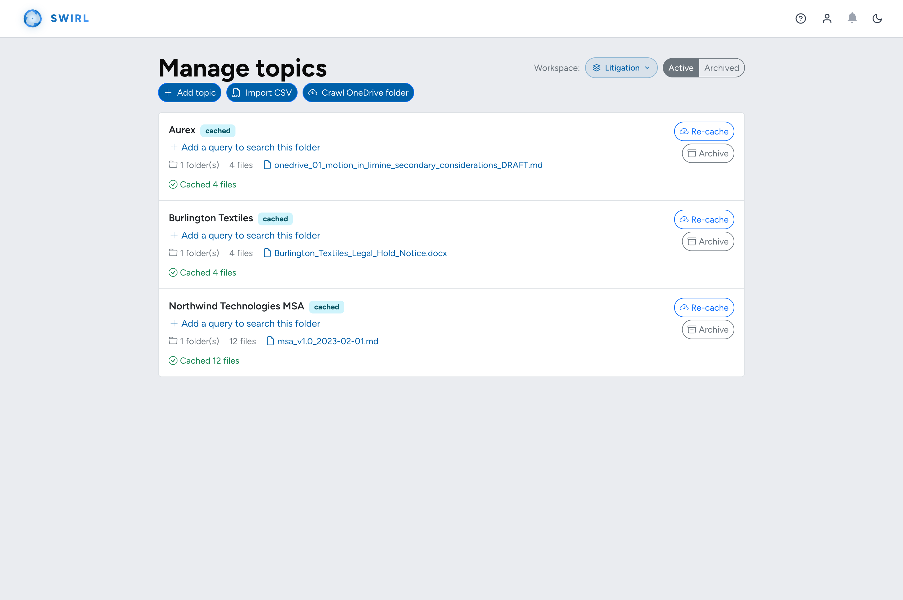 The Manage topics page: add, import from CSV, or crawl a OneDrive folder