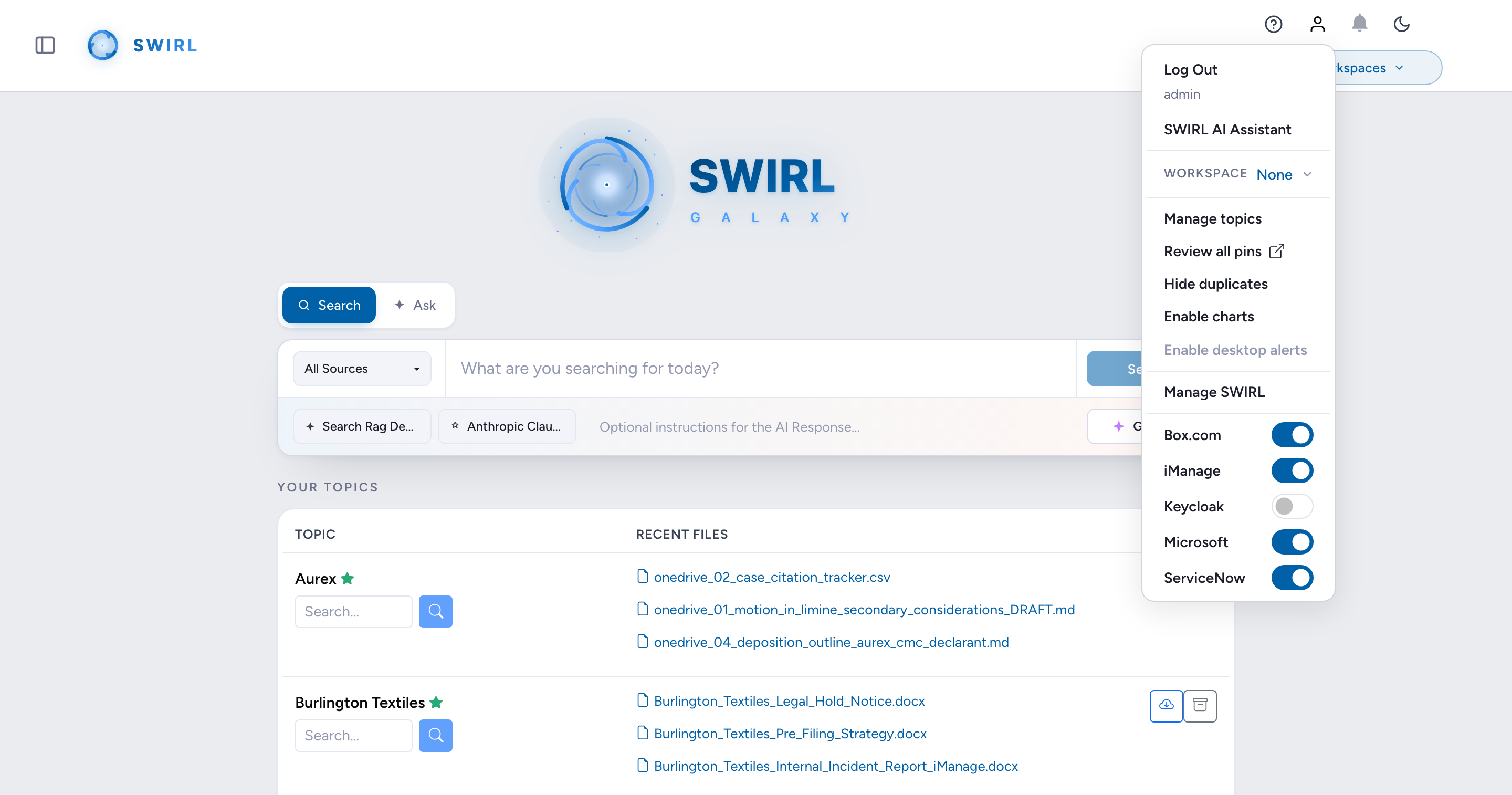 The search profile menu with per-source connection toggles