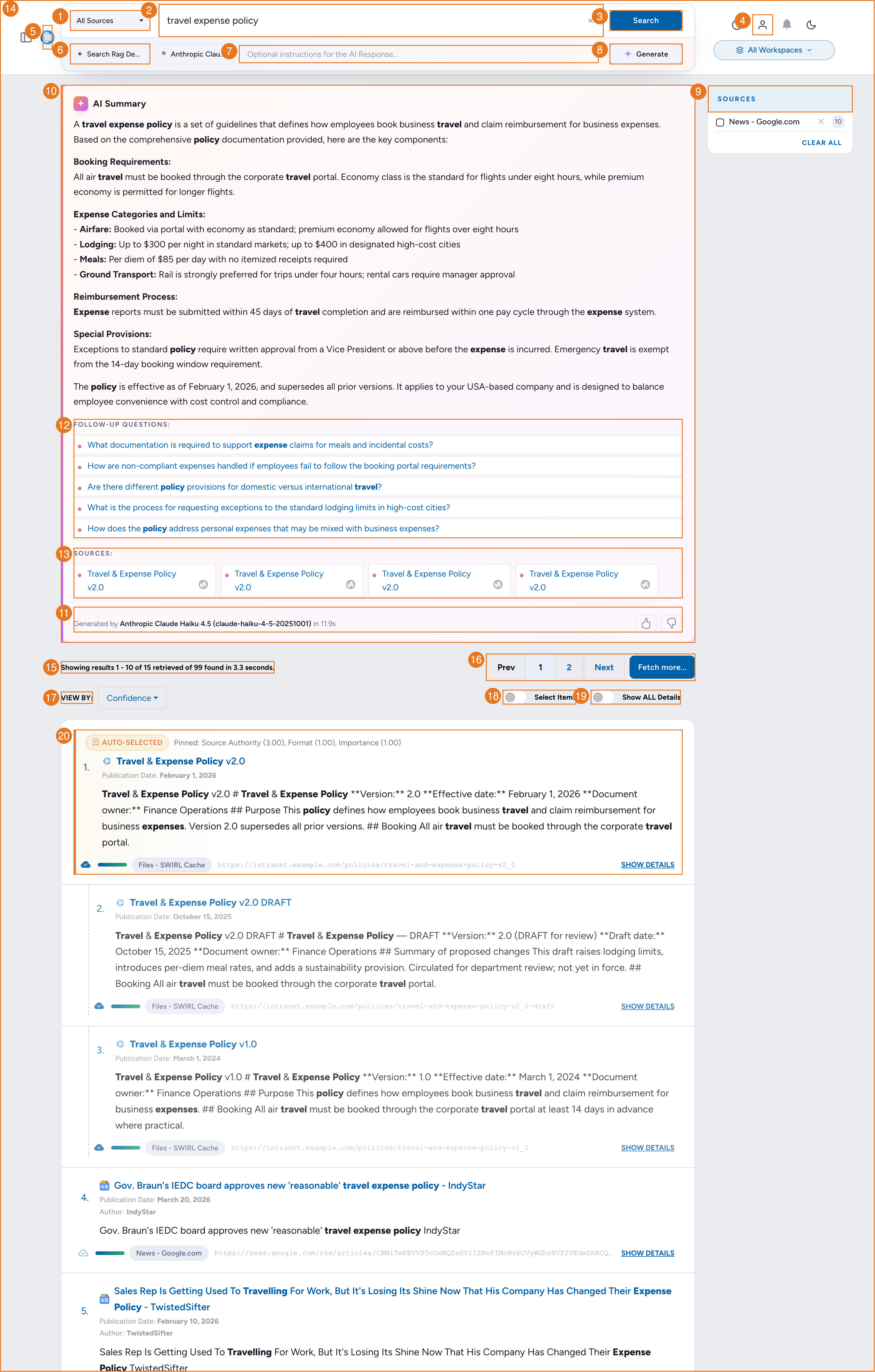 SWIRL AI Search form, annotated