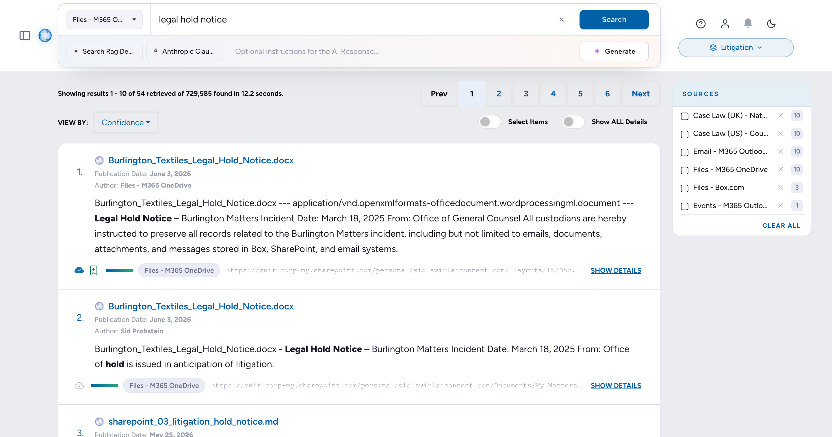 Federated results from Microsoft 365 sources (OneDrive, SharePoint, Outlook)