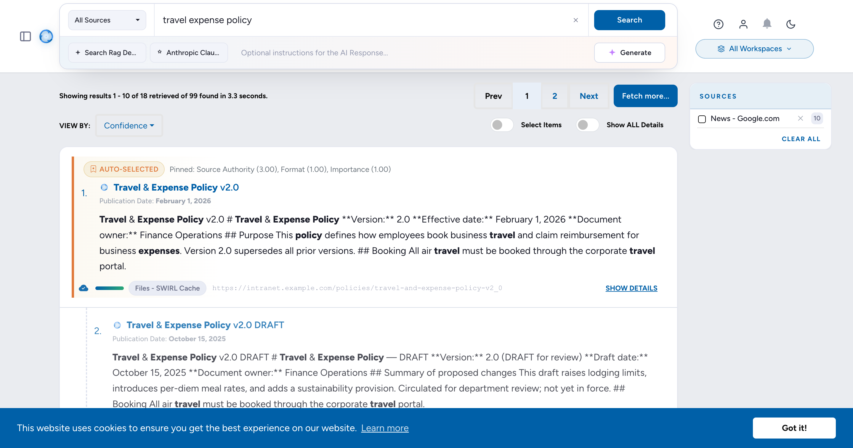 Cached document versions in a federated result list with an Auto-selected canonical badge