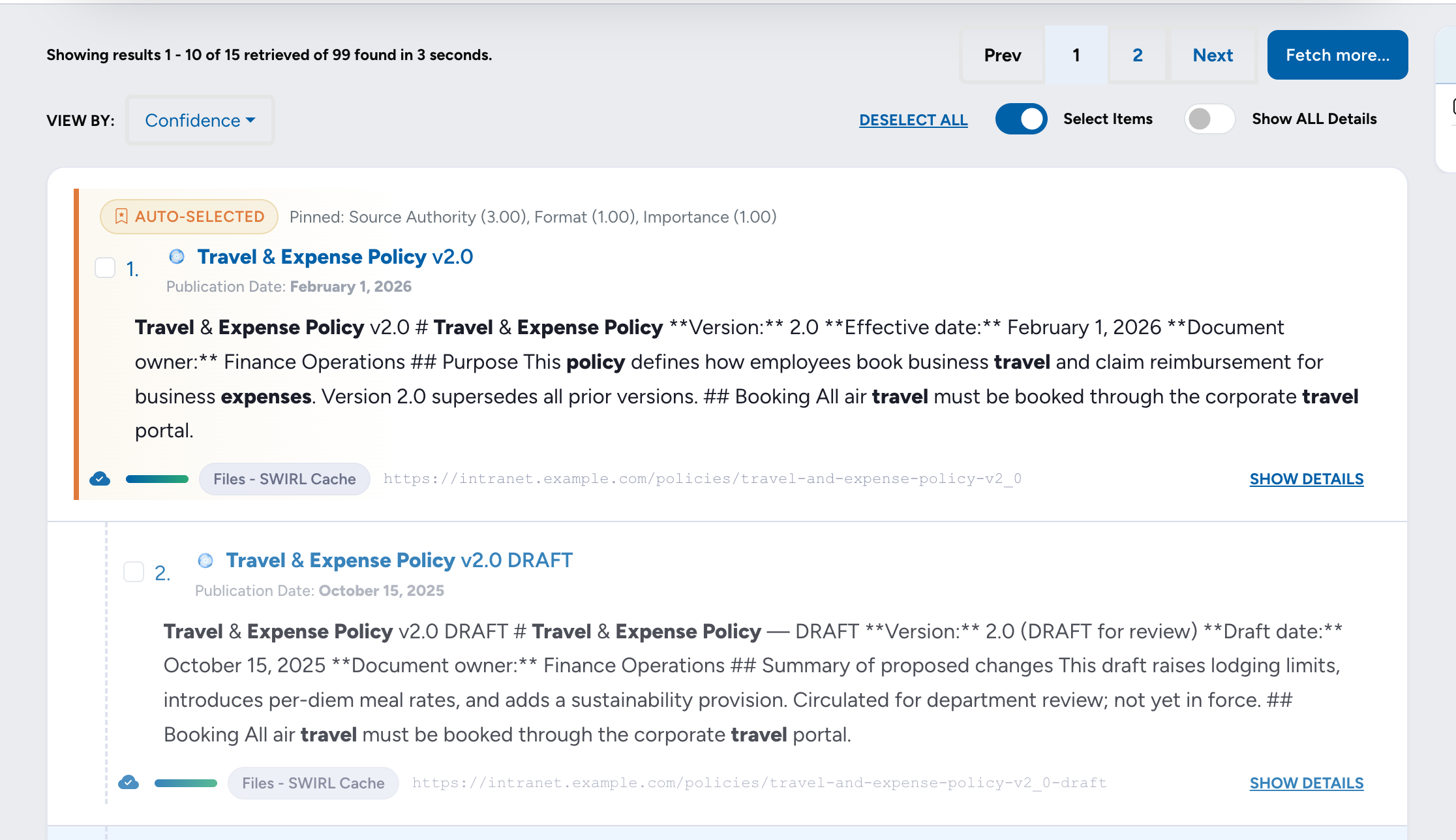 Galaxy with Select Items enabled and results selected for RAG
