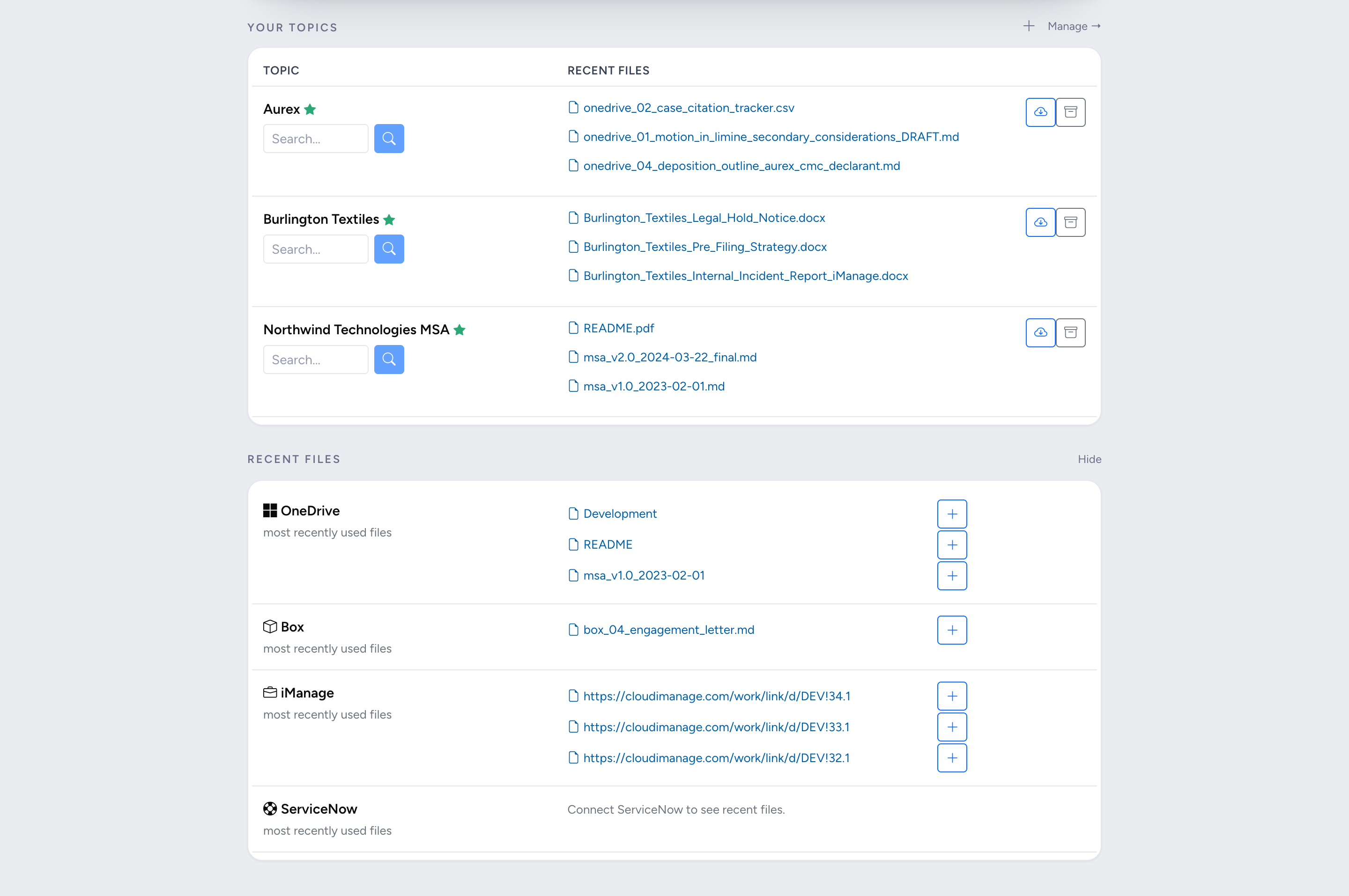 The SWIRL 5 Topic Dashboard: topics with recent files, caching controls, and per-source recent files