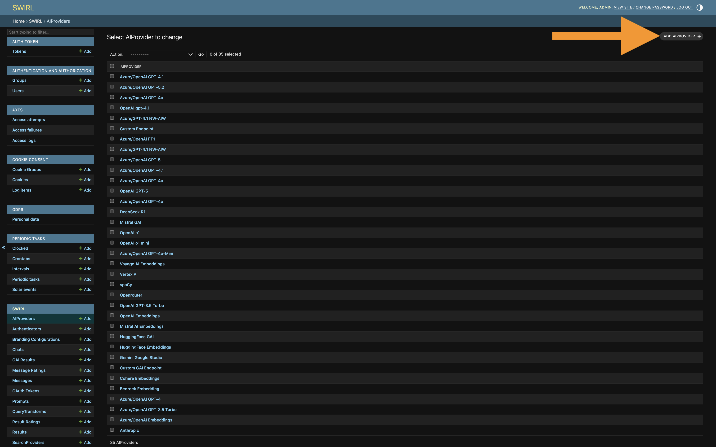Admin Console showing AIProvider list with Add button highlighted