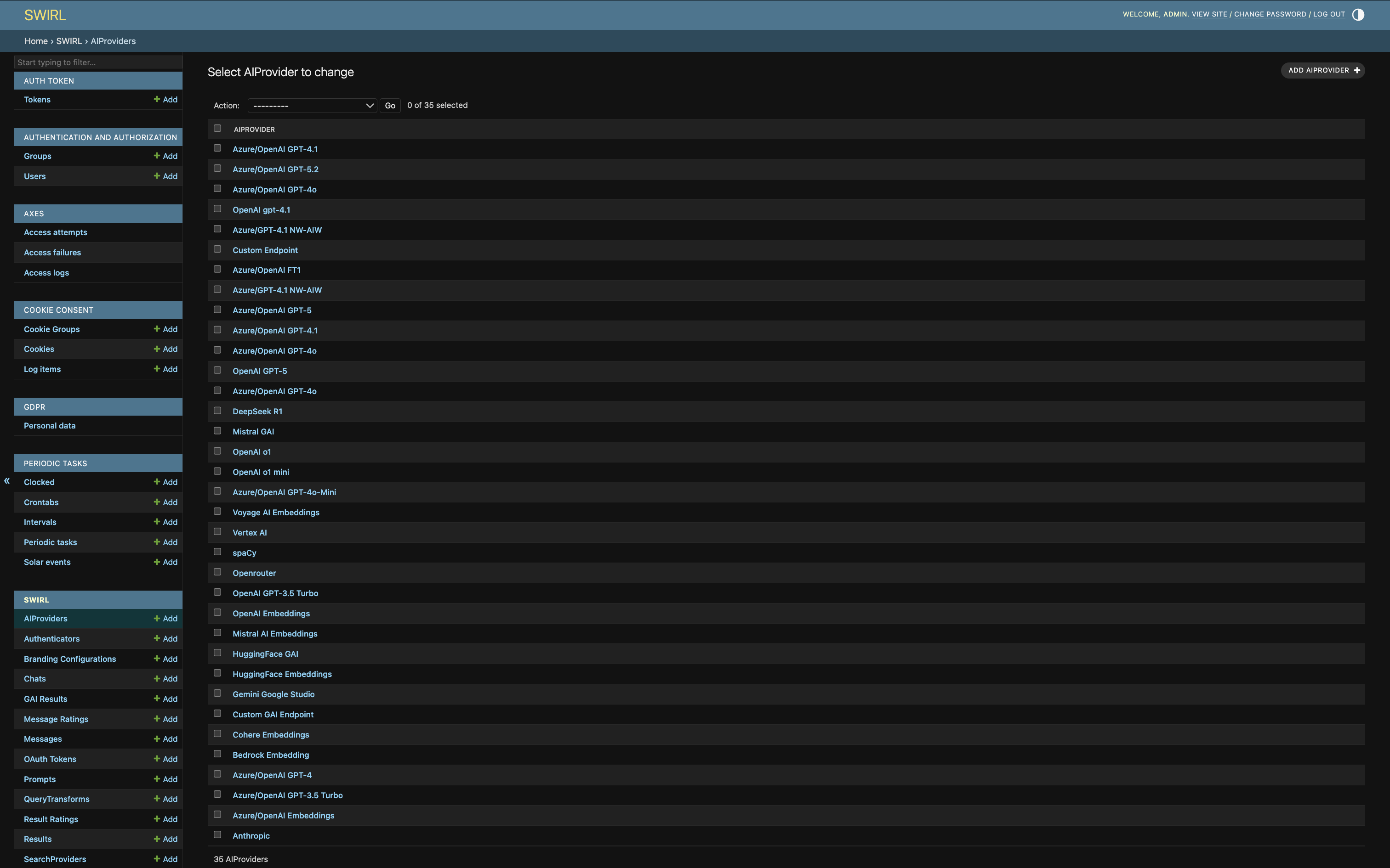 SWIRL Admin Console showing AIProvider list