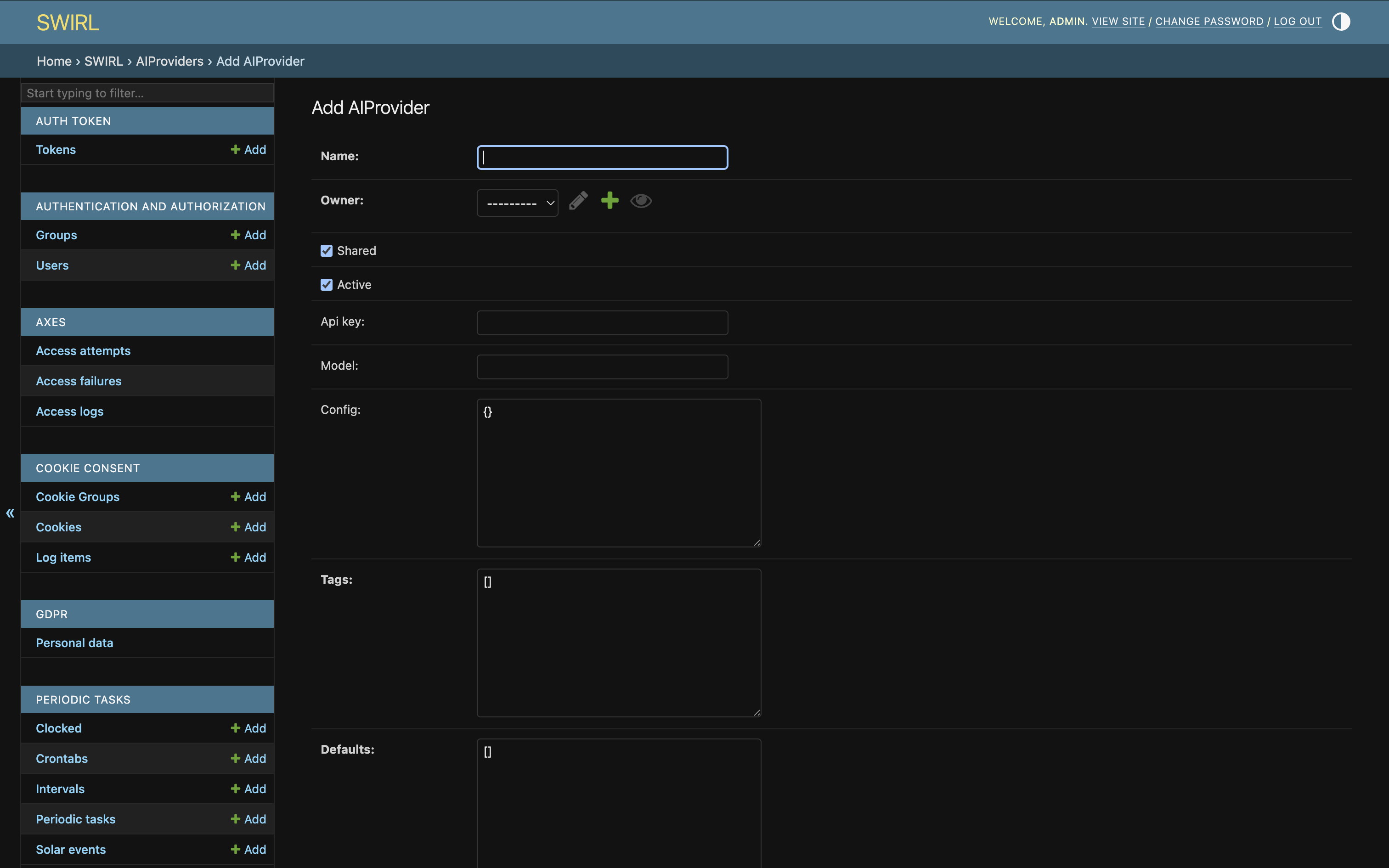 Admin Console showing new AIProvider form