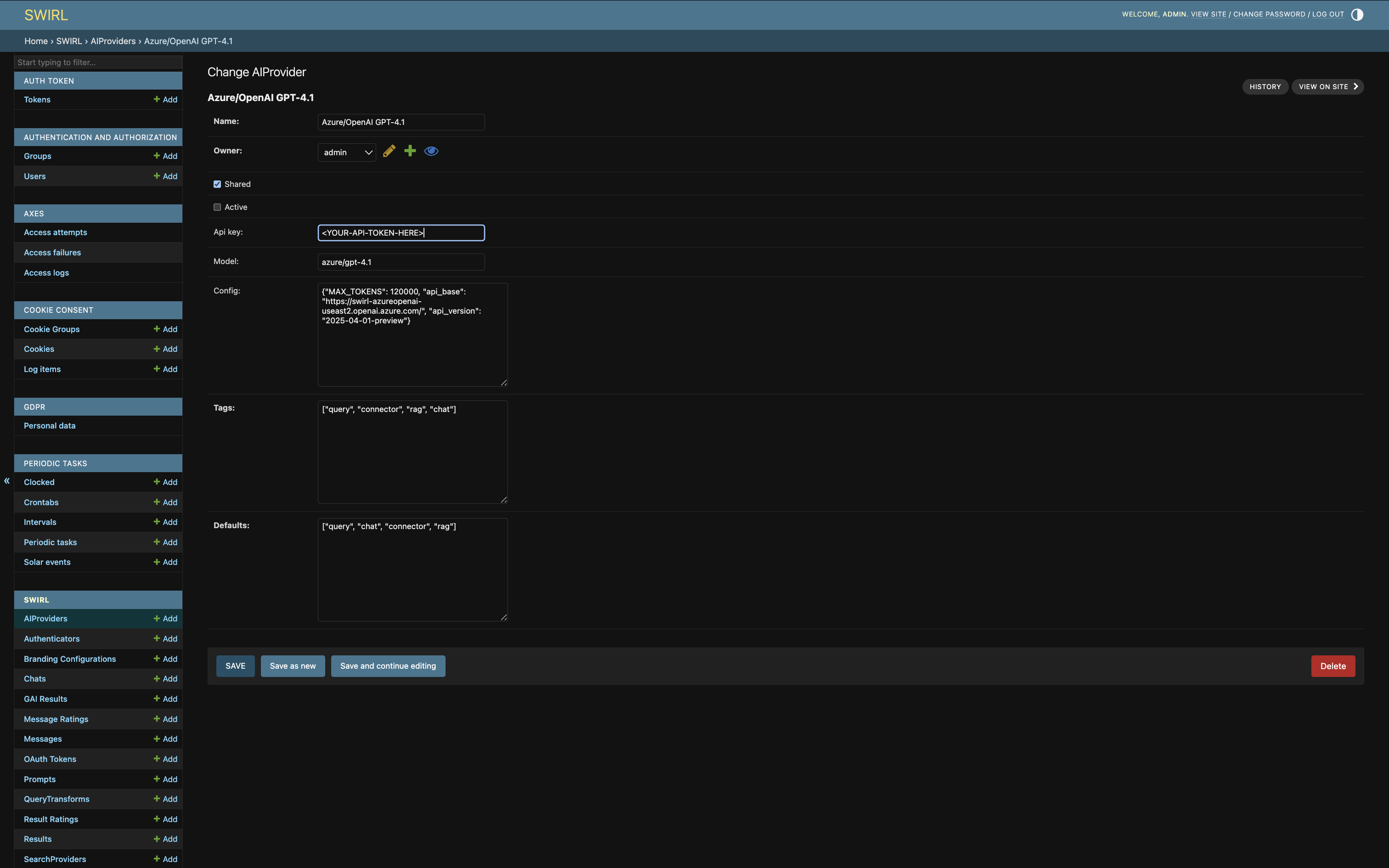 SWIRL Admin Console showing AIProvider edit form