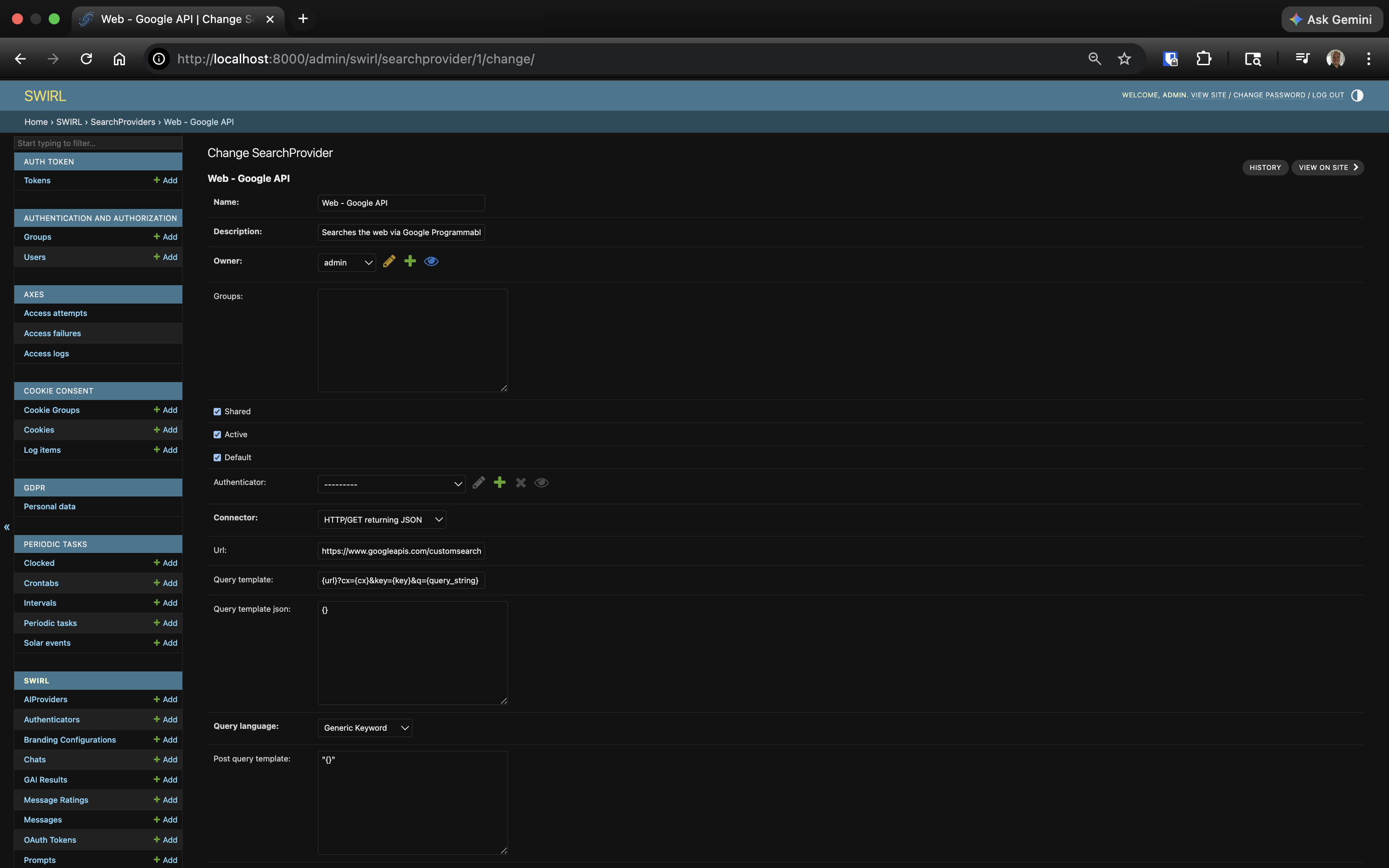 SWIRL Admin Console showing SearchProvider edit form