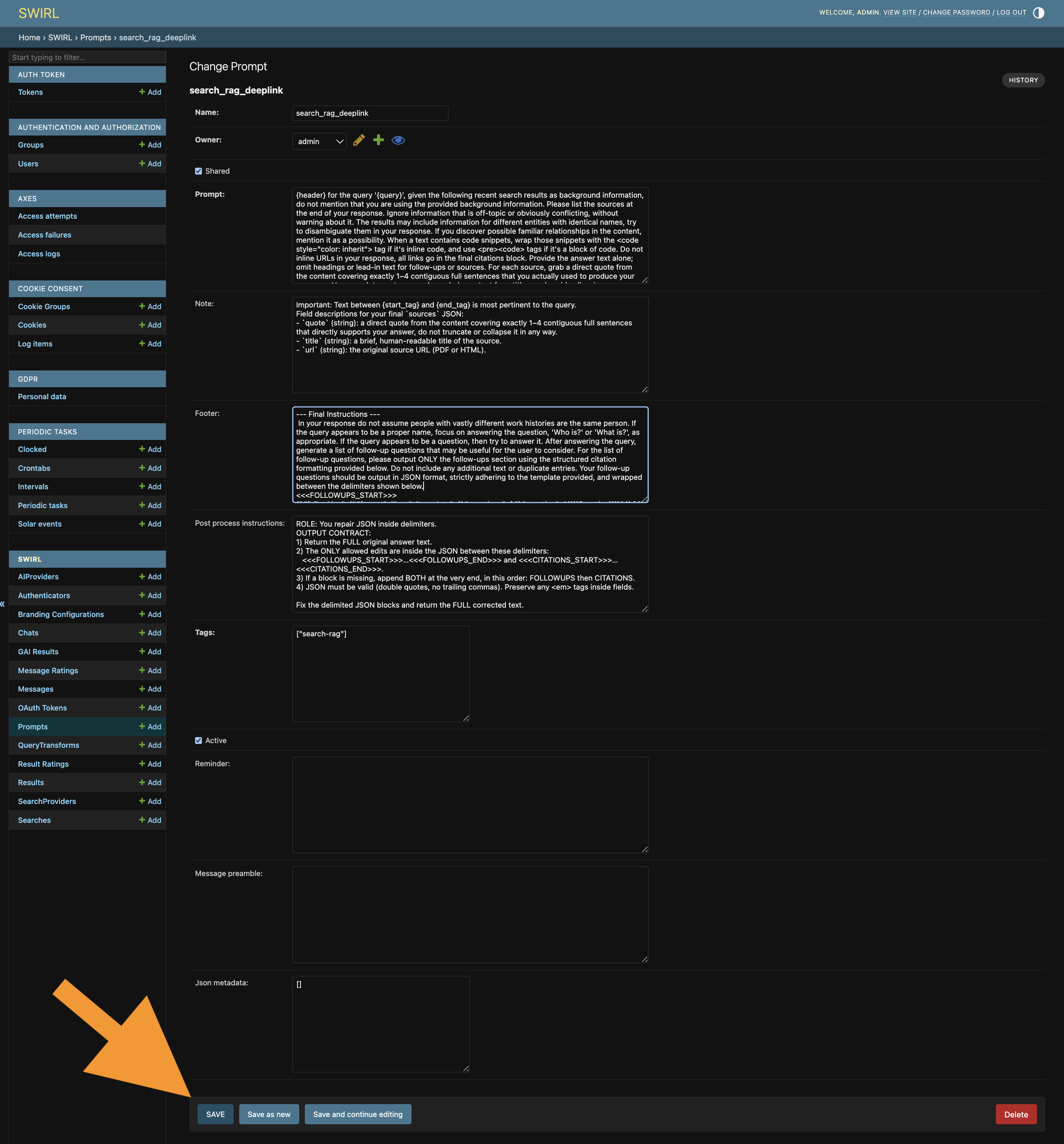 SWIRL Admin Console showing prompt edit with save selected