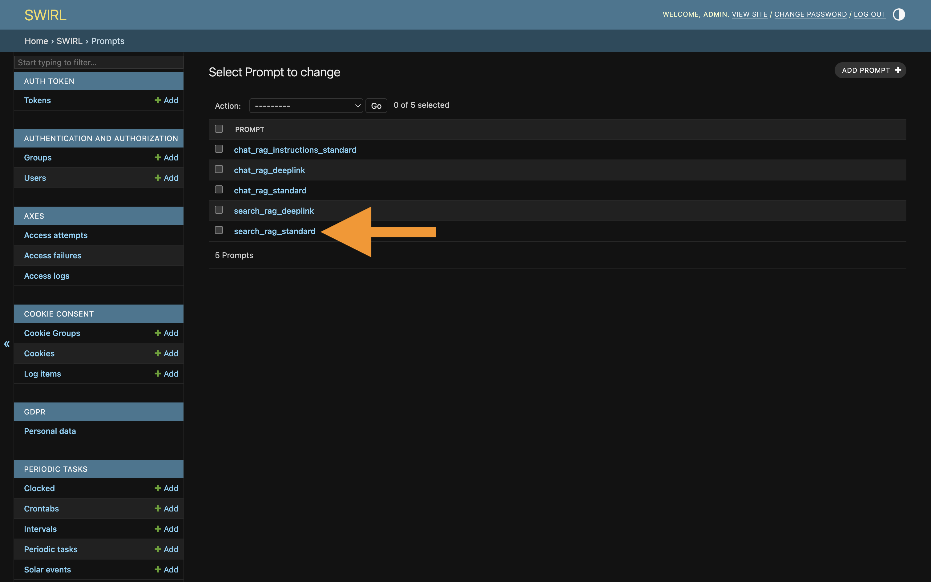 SWIRL Admin Console showing list of prompts with one selected