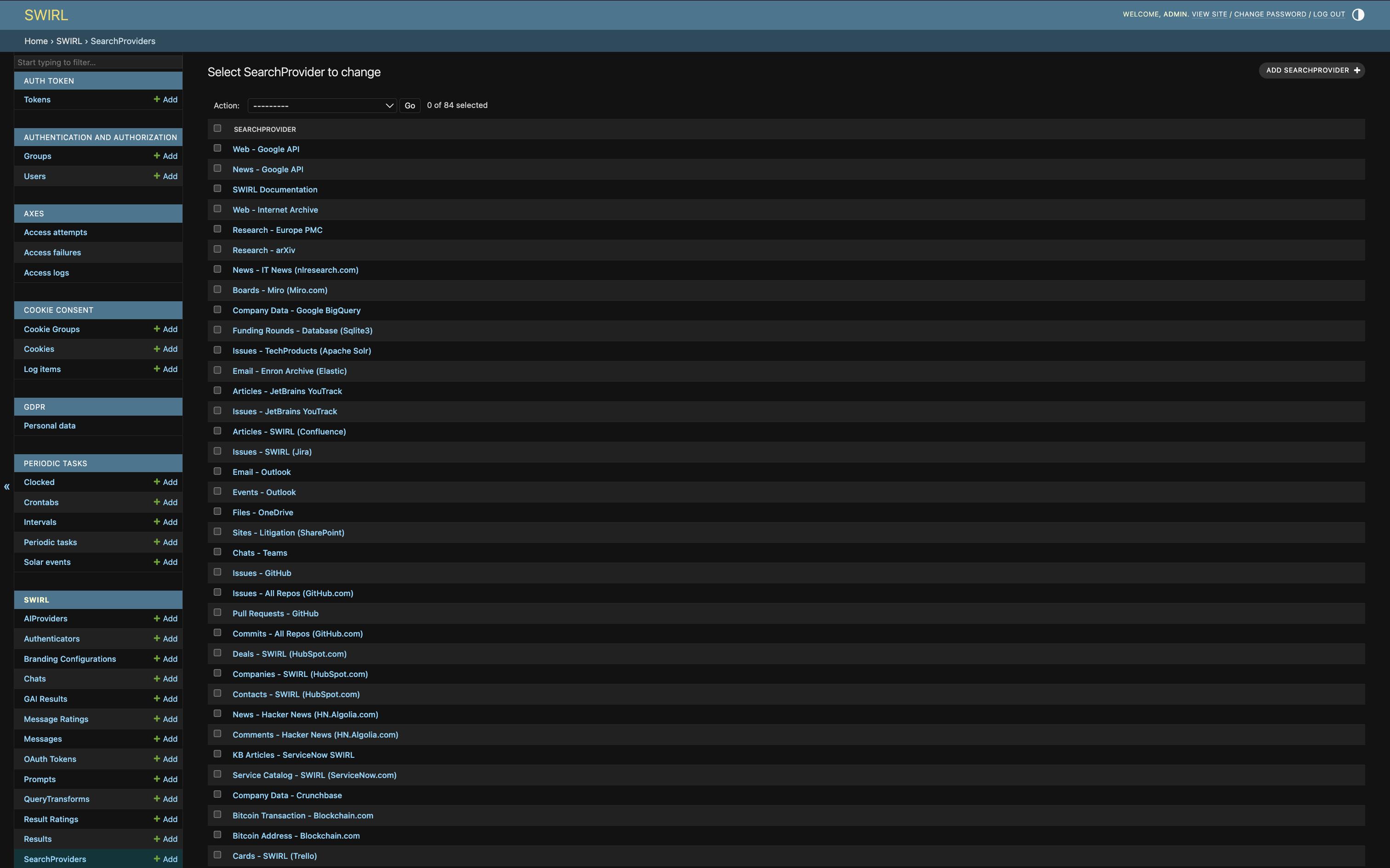 SWIRL Admin Console showing list of SearchProviders