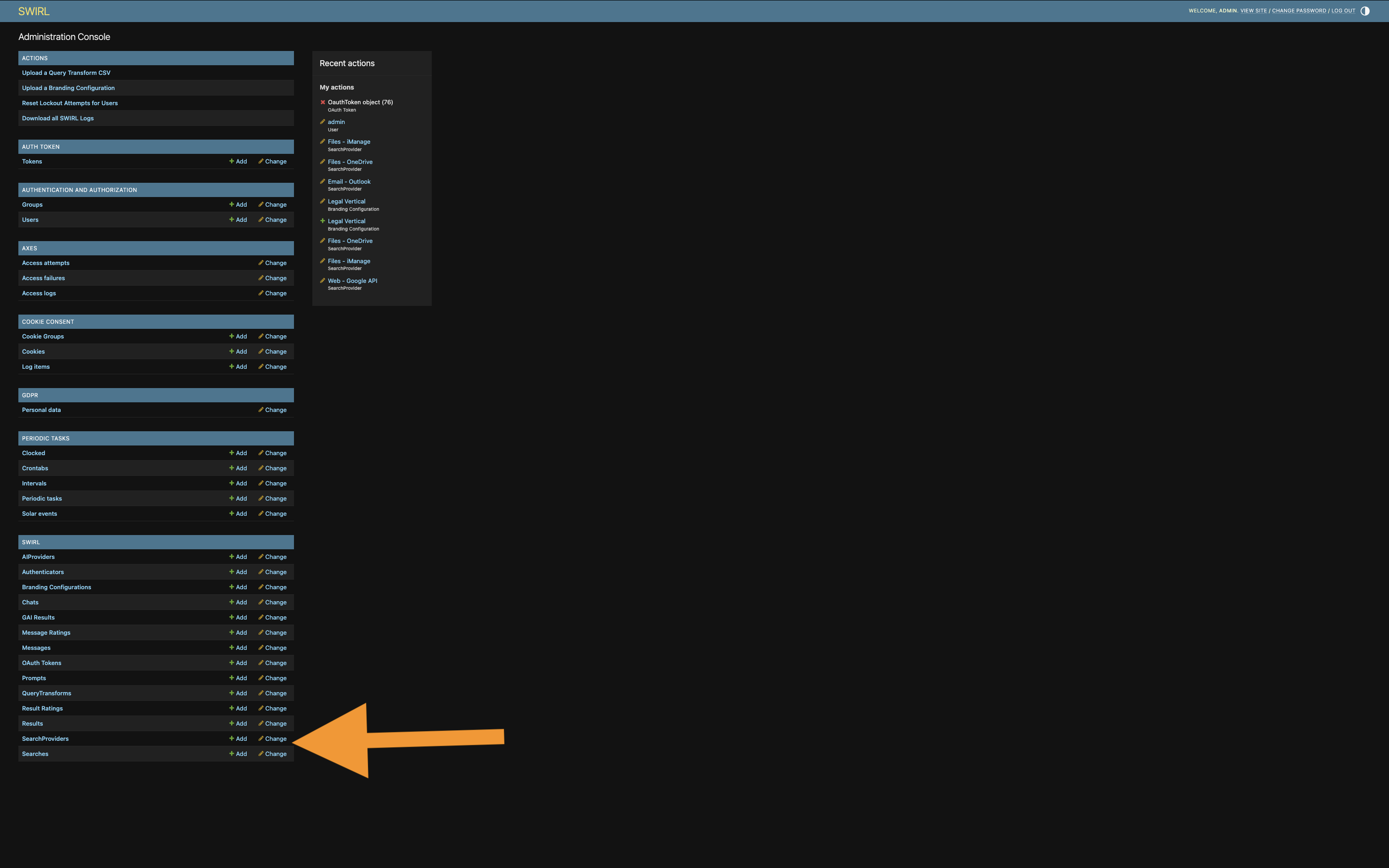SWIRL Admin Console showing SearchProvider link