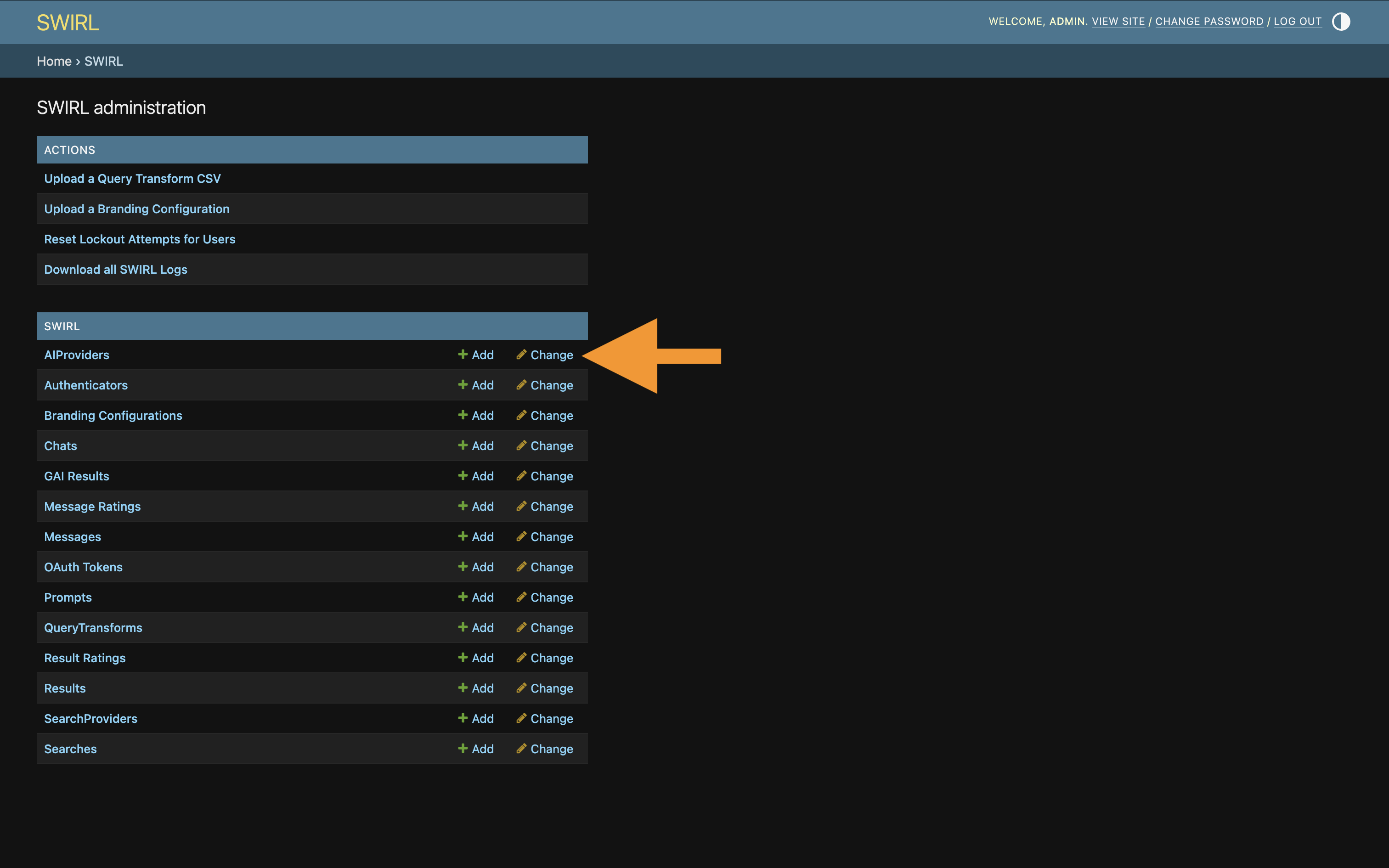 SWIRL Admin Console showing AIProviders selected