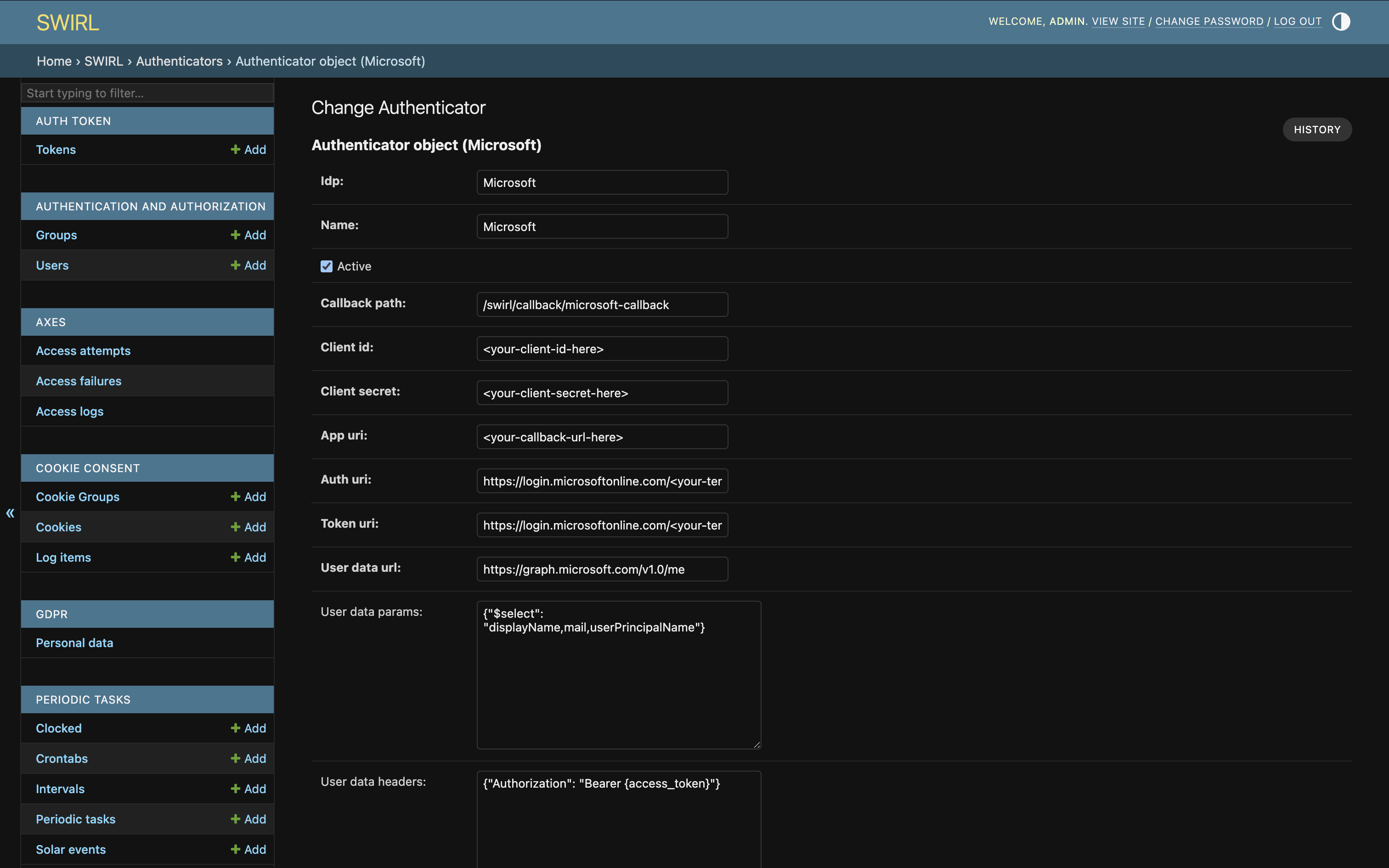 SWIRL Admin Console Authenticators link