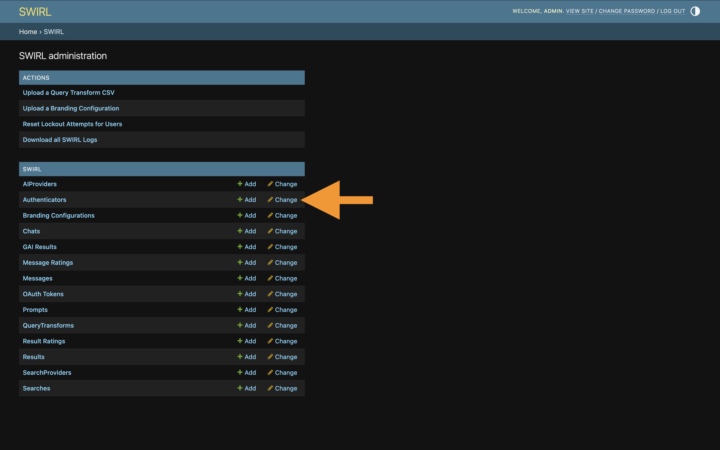 SWIRL Admin Console Authenticators link