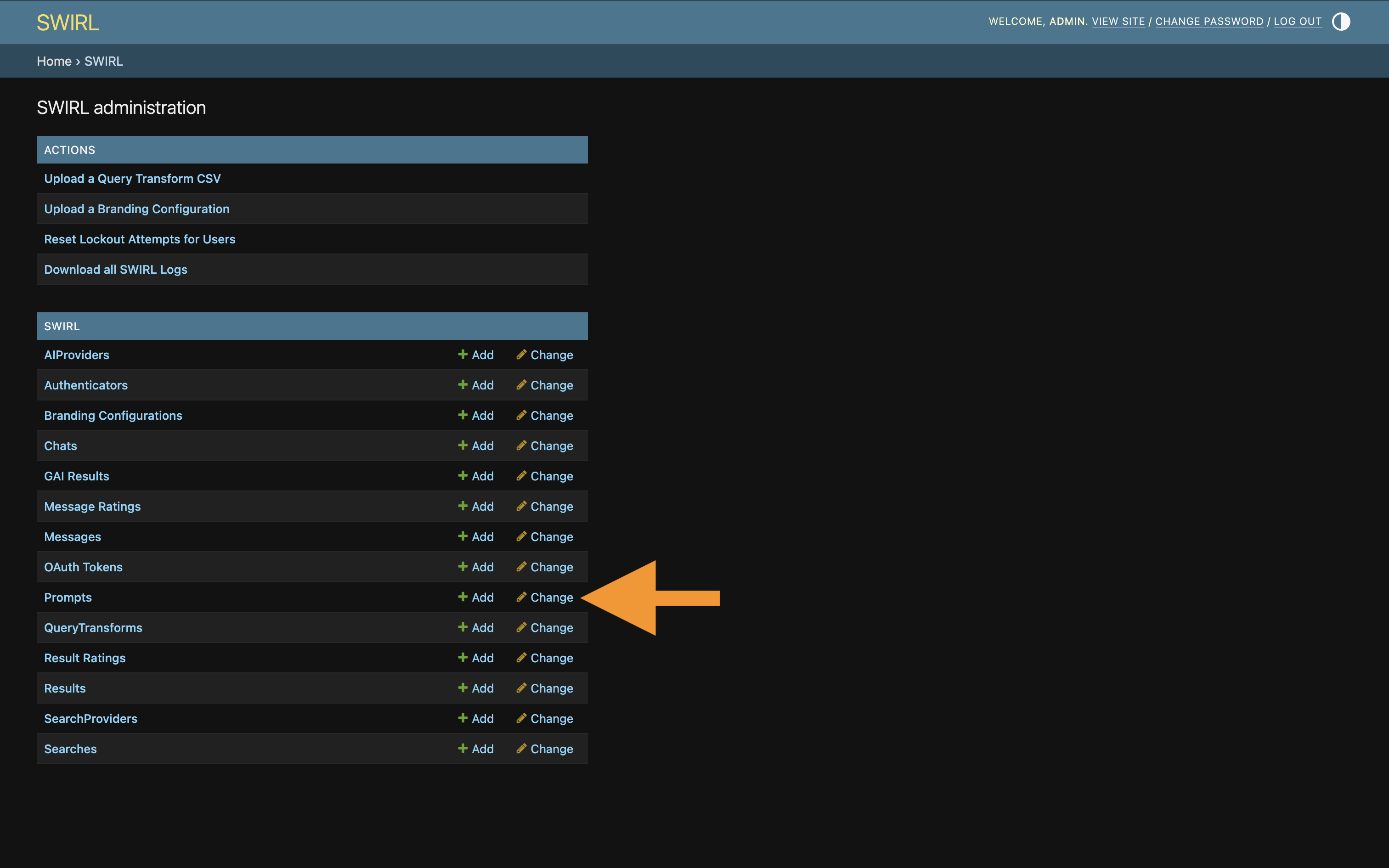 SWIRL Admin Console showing list of prompts