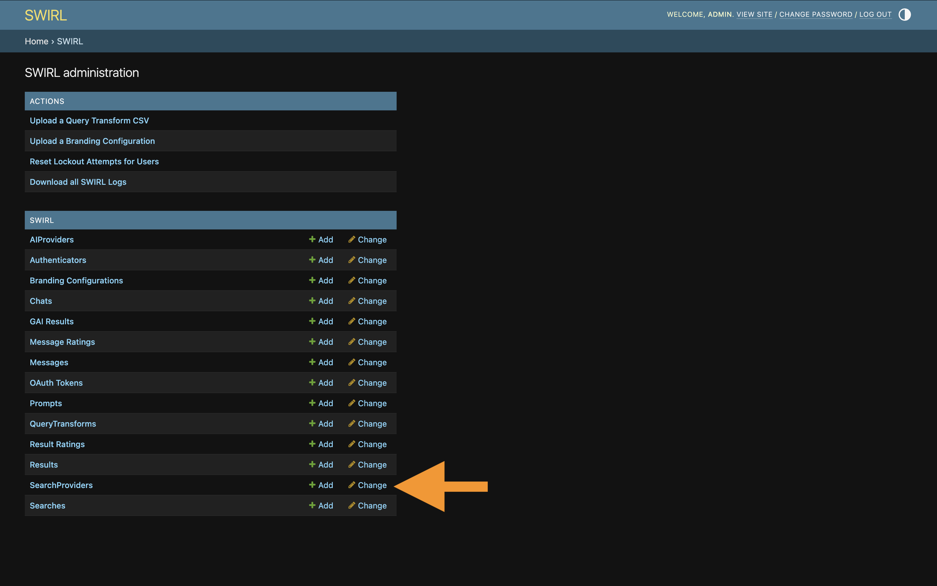 SWIRL Admin Console showing SearchProvider option
