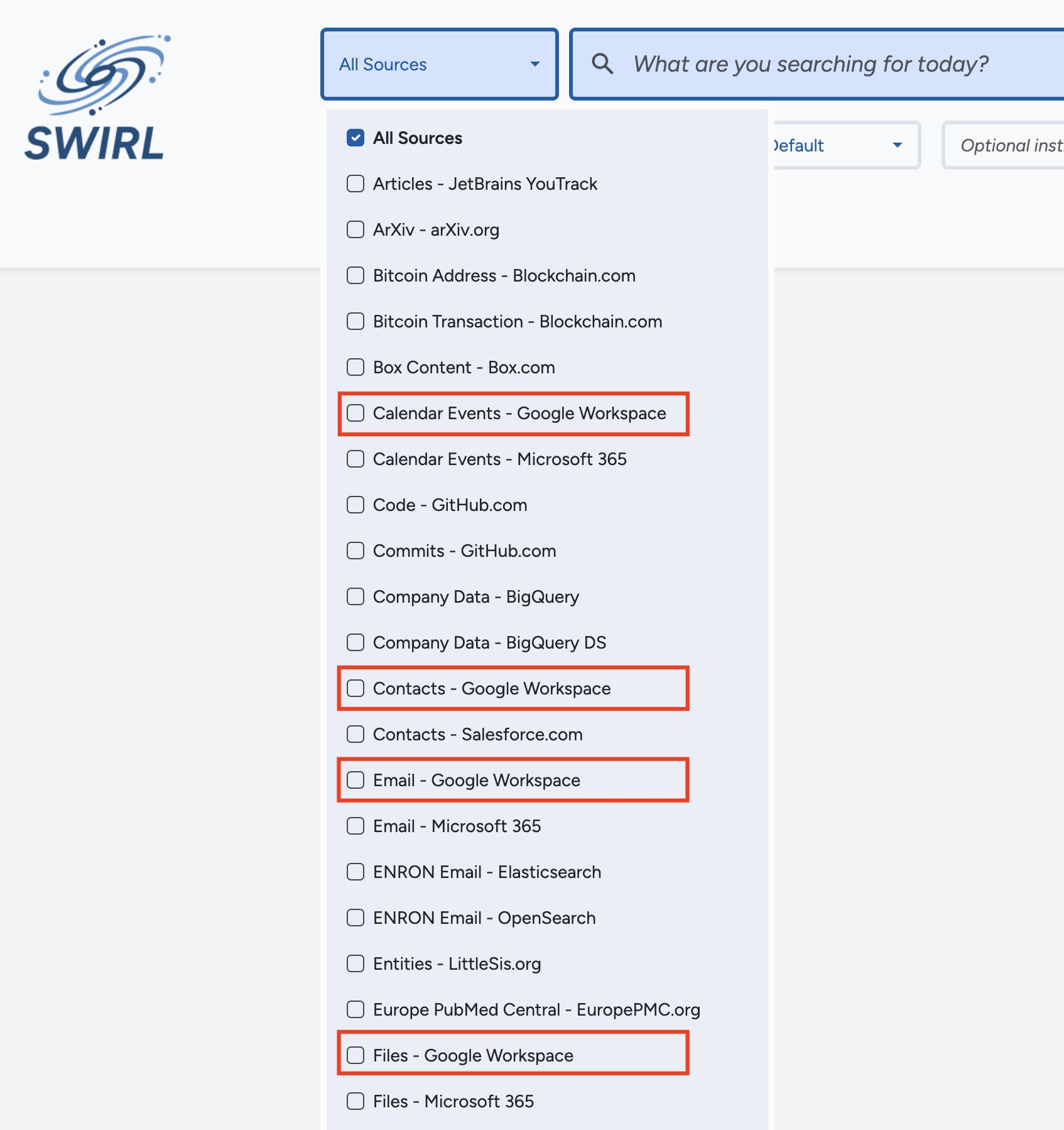 SWIRL AI Search showing Google Workspace integration