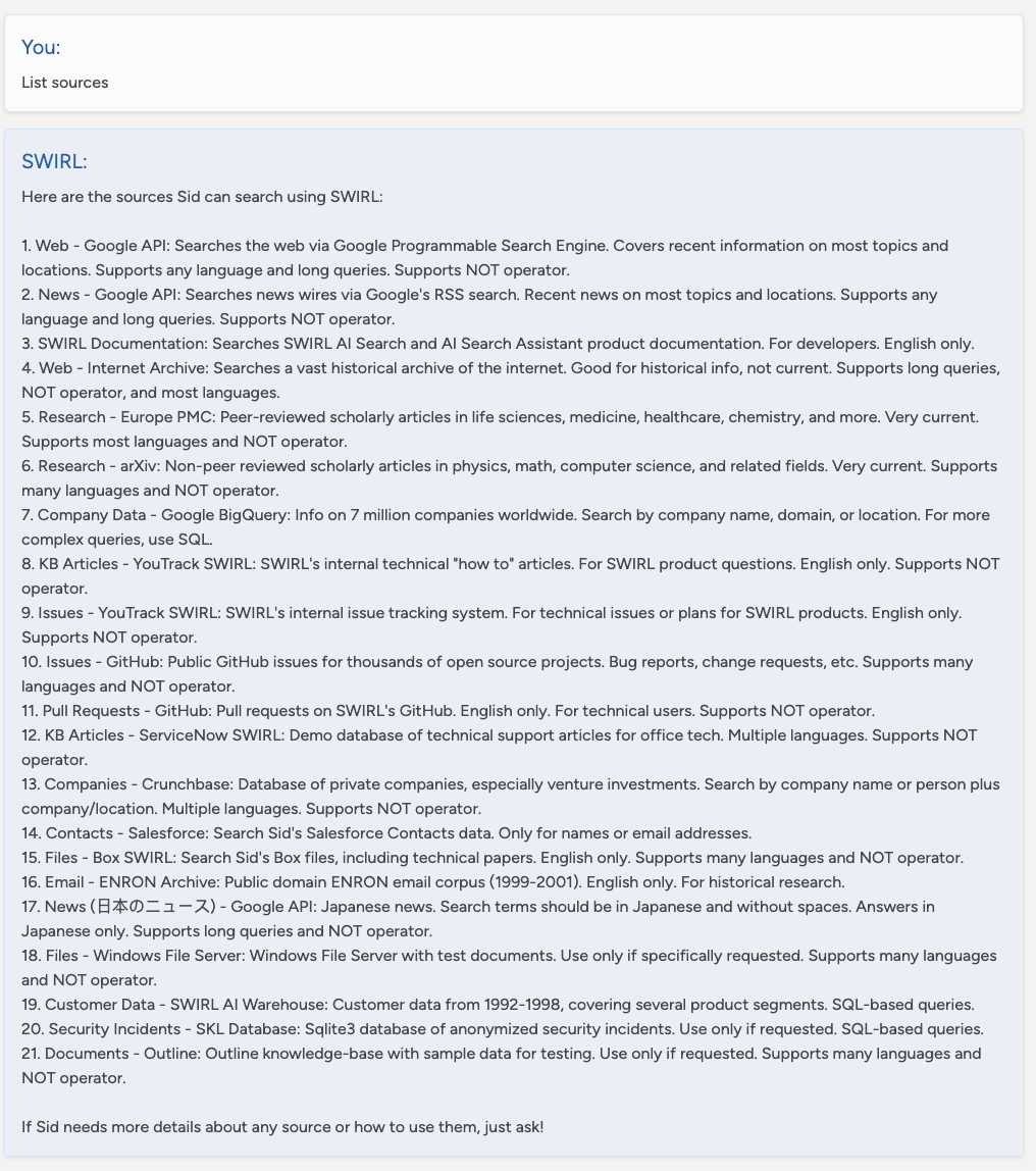 SWIRL AI Search Assistant responding to List Sources command