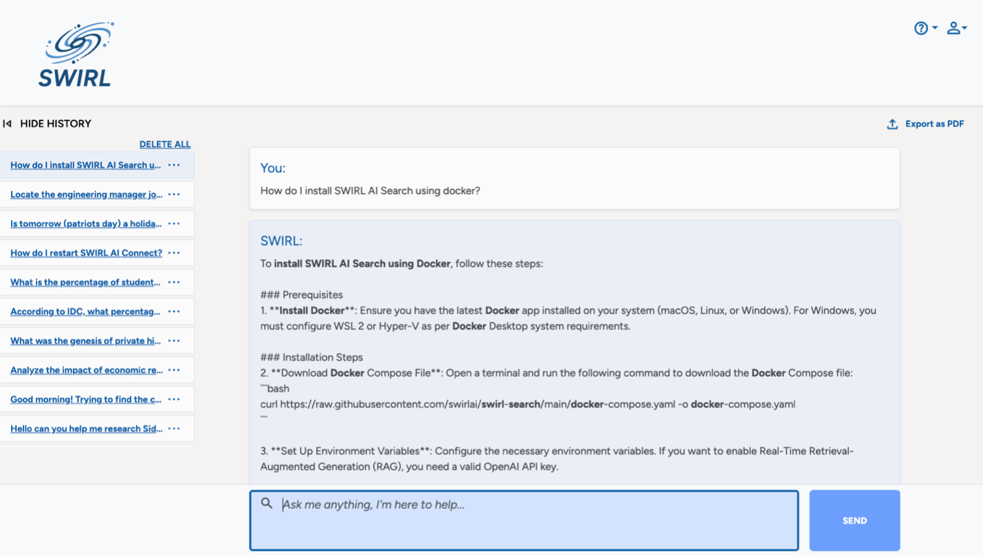 SWIRL AI Search Assistant showing chat history
